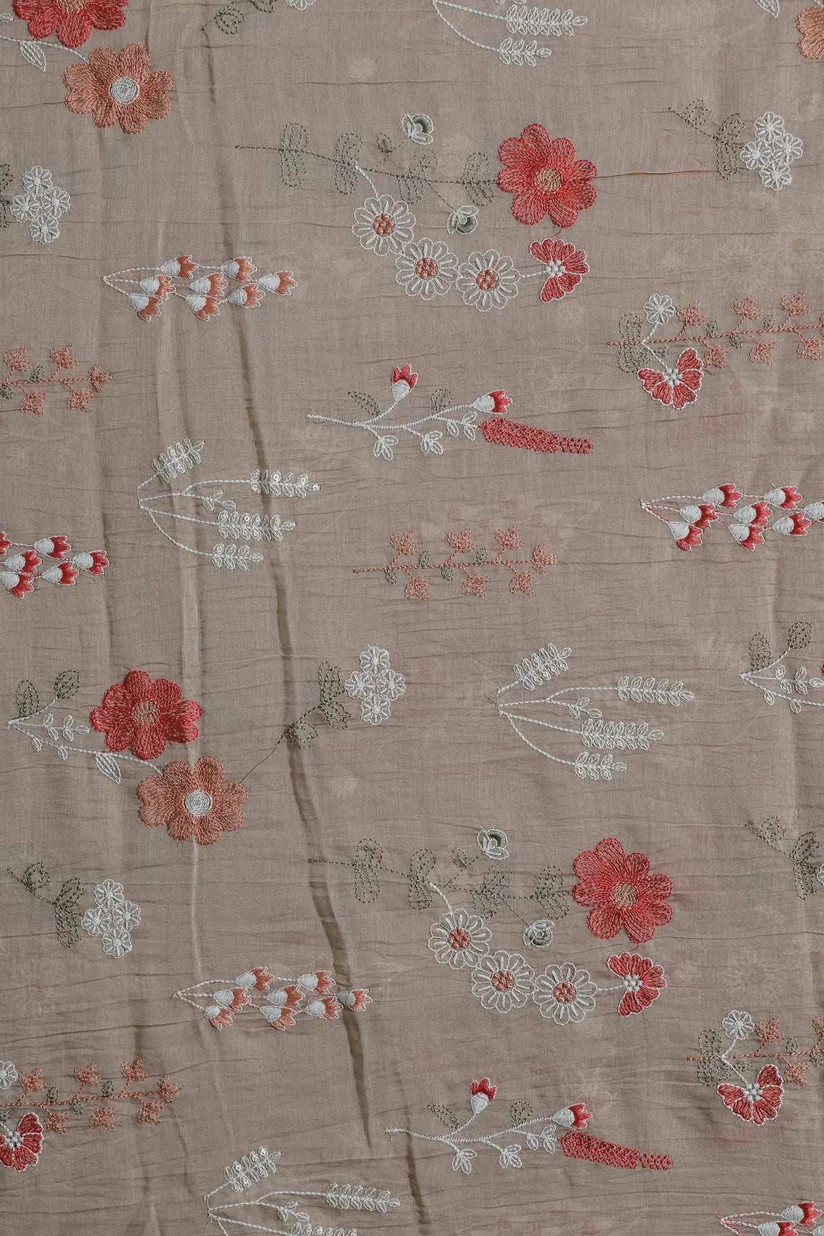 Beautiful Multi Thread With Gold Sequins Floral Embroidery Work On Light Brown Pure Mul Chanderi Silk Fabric - doeraa