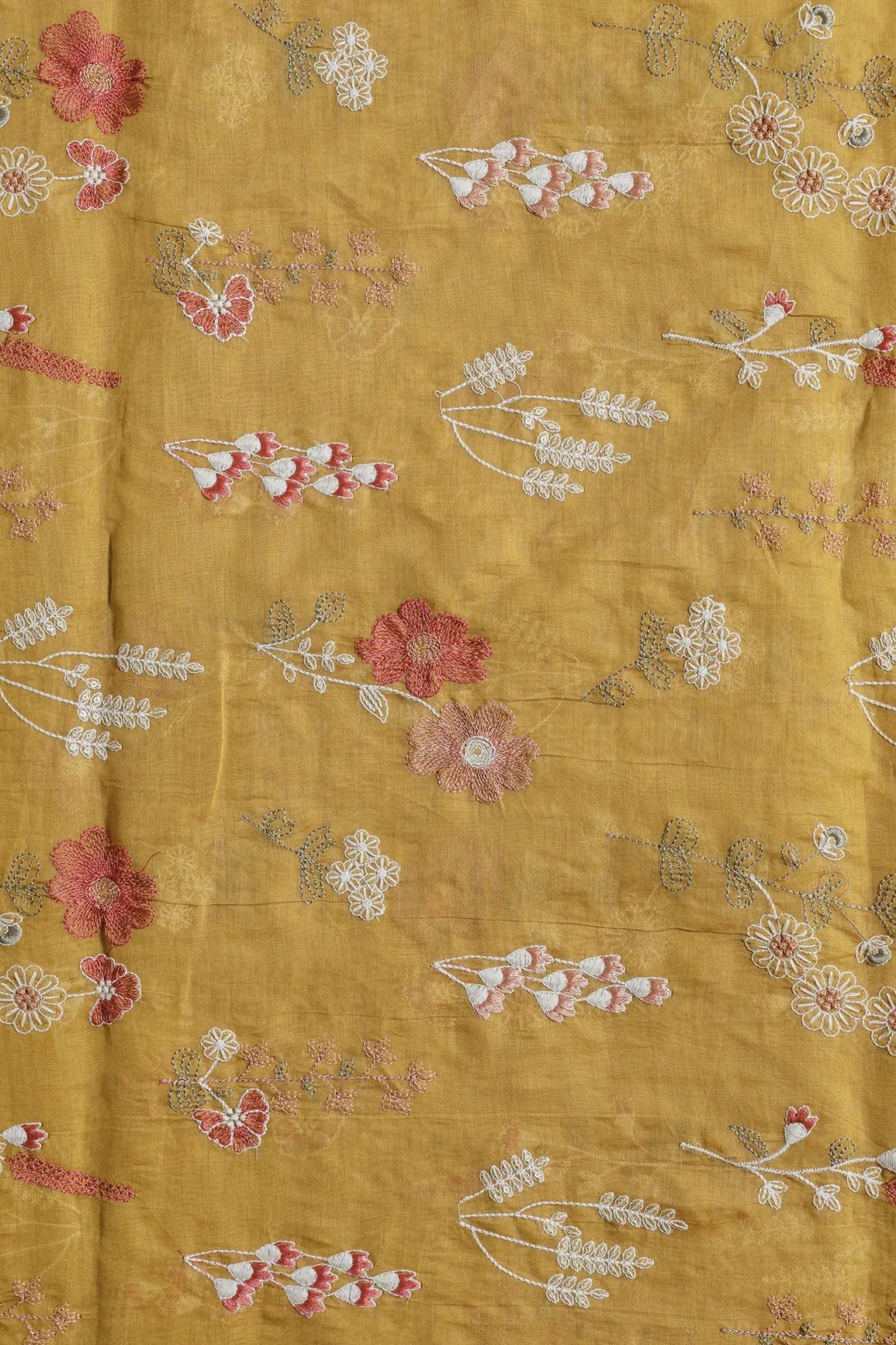 Beautiful Multi Thread With Gold Sequins Floral Embroidery Work On Mustard Yellow Pure Mul Chanderi Silk Fabric - doeraa