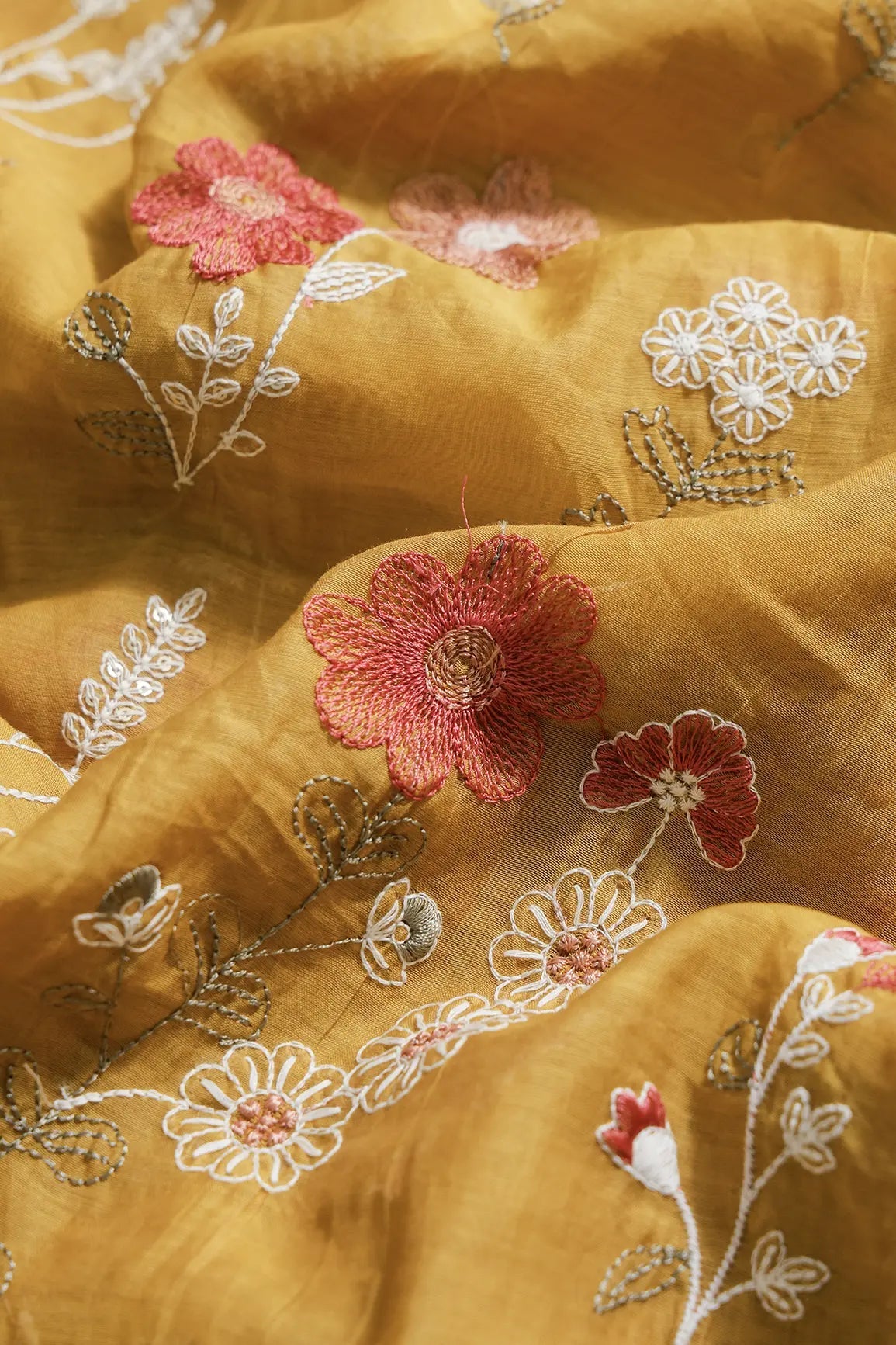Beautiful Multi Thread With Gold Sequins Floral Embroidery Work On Mustard Yellow Pure Mul Chanderi Silk Fabric - doeraa
