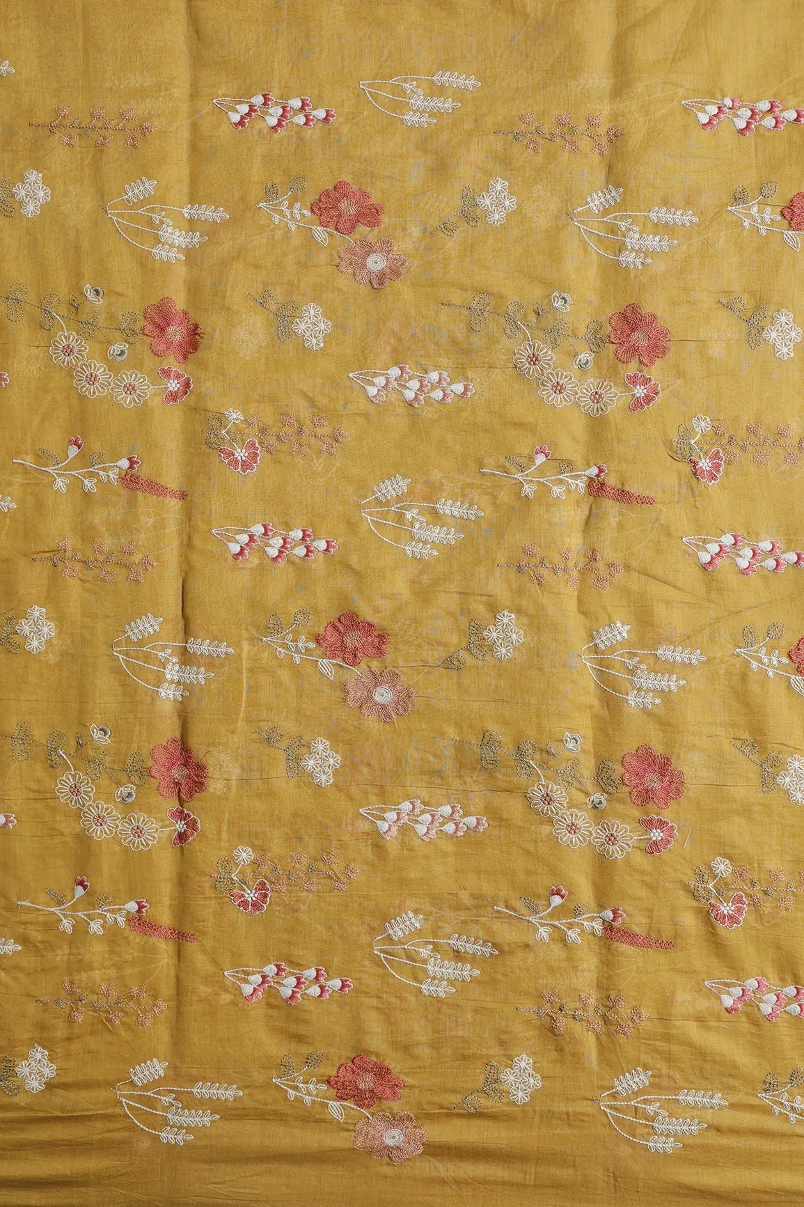 Beautiful Multi Thread With Gold Sequins Floral Embroidery Work On Mustard Yellow Pure Mul Chanderi Silk Fabric - doeraa