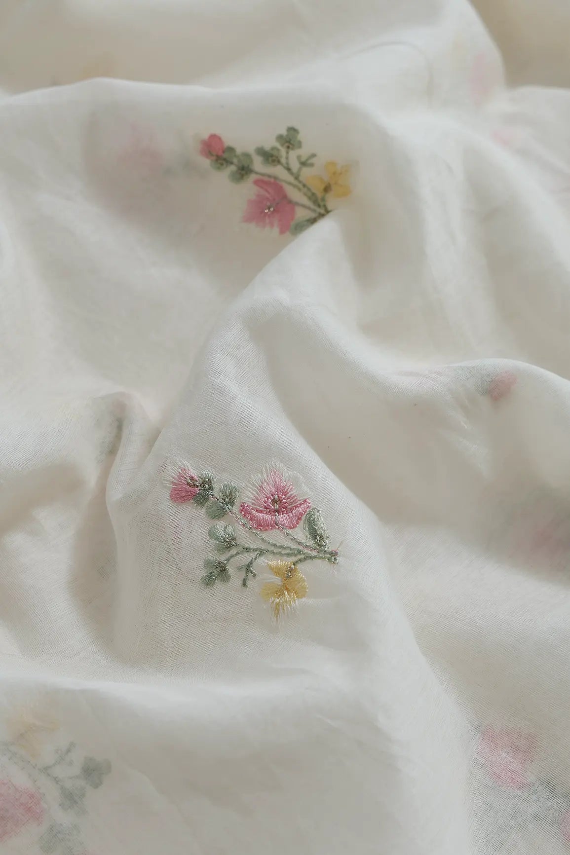 Beautiful Multi Thread With Gold Sequins Floral Embroidery Work On Off White Pure Mul Chanderi Silk Fabric - doeraa