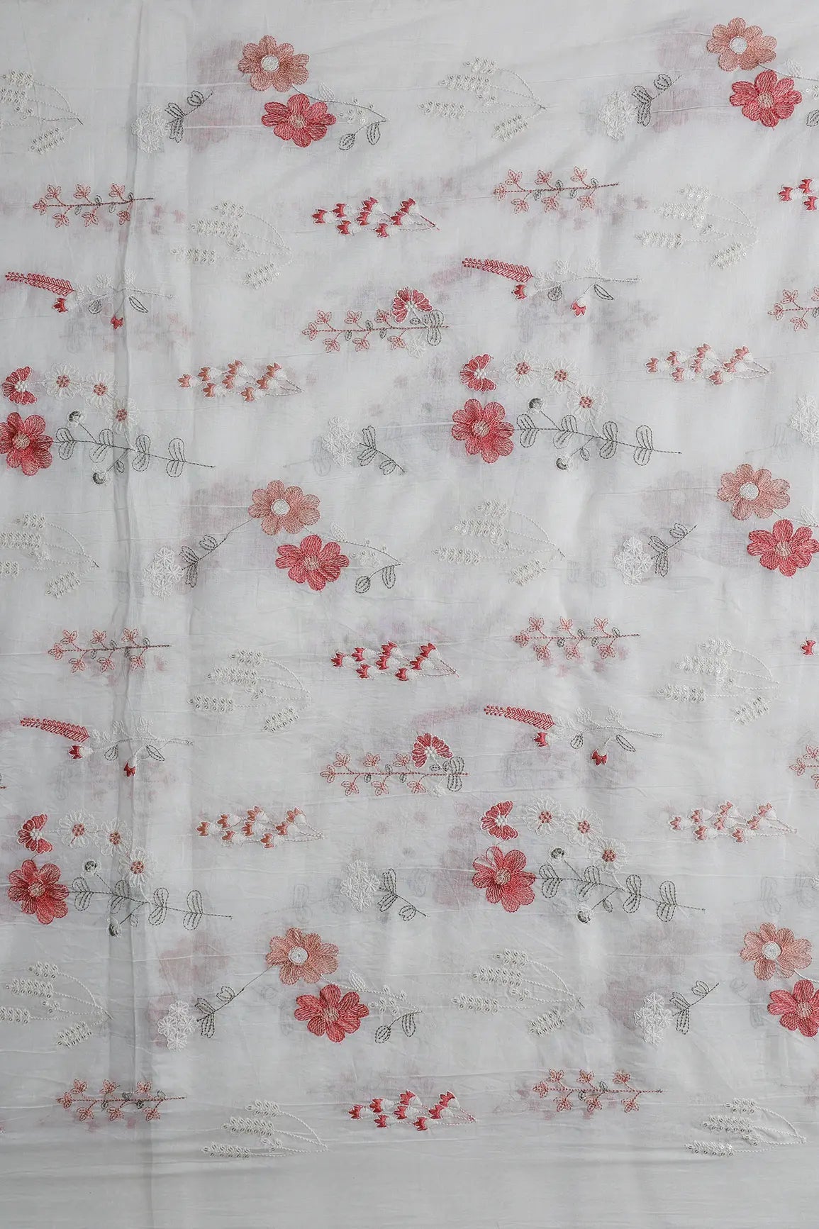 Beautiful Multi Thread With Gold Sequins Floral Embroidery Work On Off White Pure Mul Chanderi Silk Fabric - doeraa
