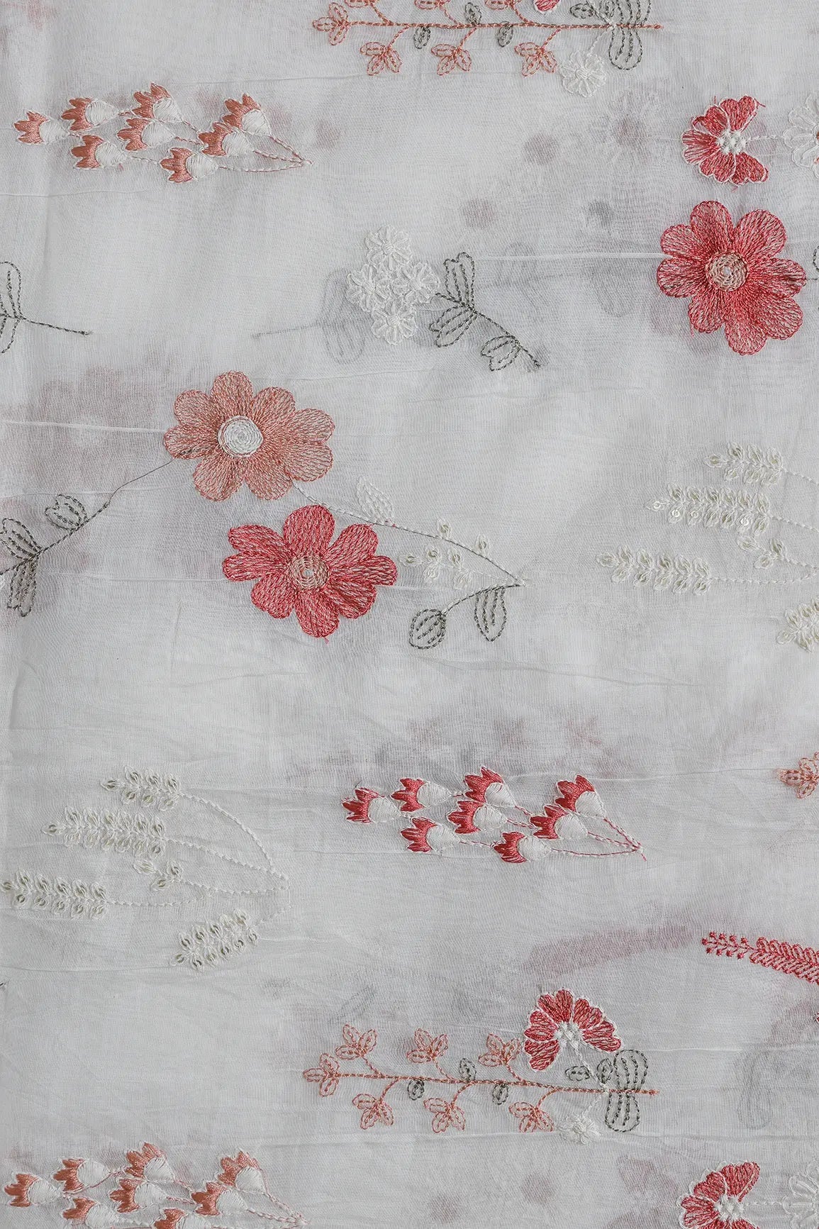 Beautiful Multi Thread With Gold Sequins Floral Embroidery Work On Off White Pure Mul Chanderi Silk Fabric - doeraa