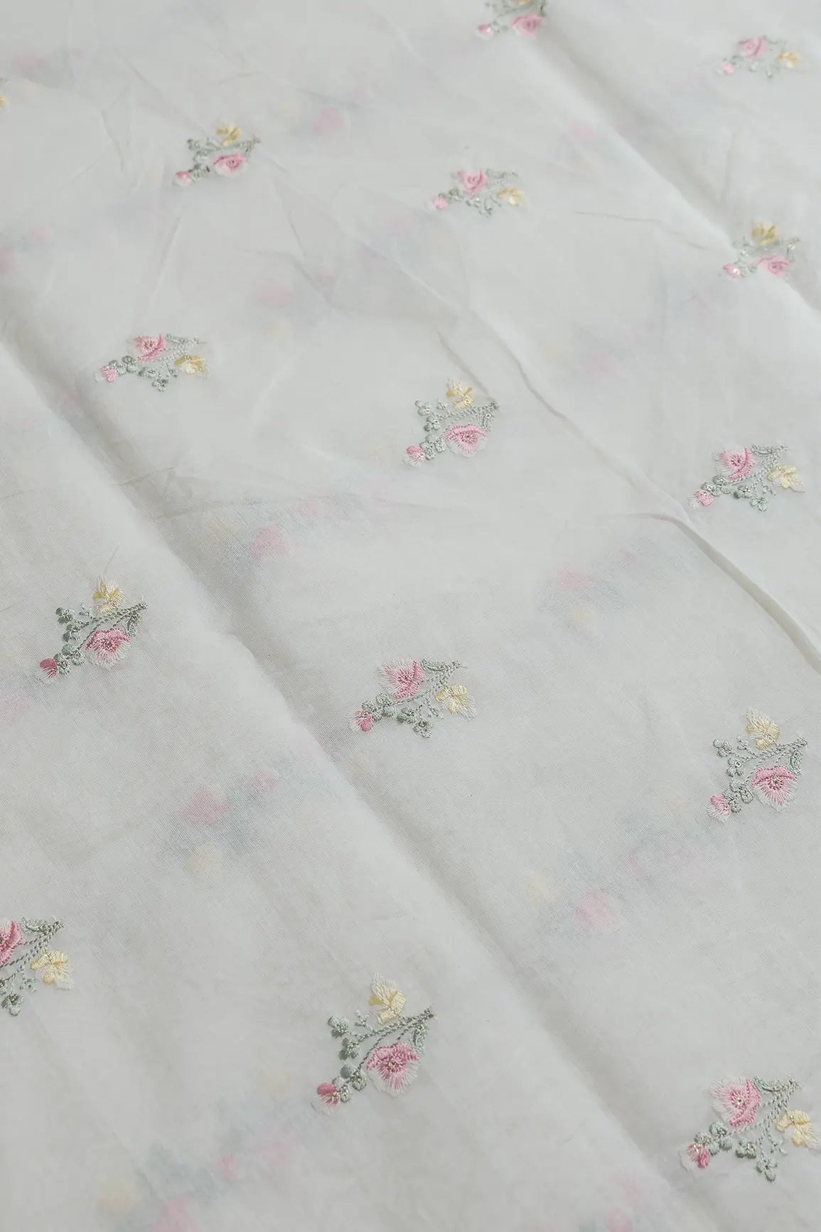 Beautiful Multi Thread With Gold Sequins Floral Embroidery Work On Off White Pure Mul Chanderi Silk Fabric - doeraa