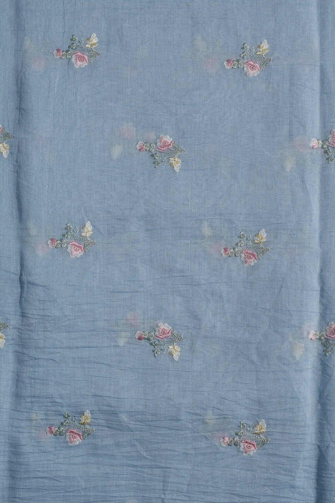 Beautiful Multi Thread With Gold Sequins Floral Embroidery Work On Pastel Blue Pure Mul Chanderi Silk Fabric - doeraa