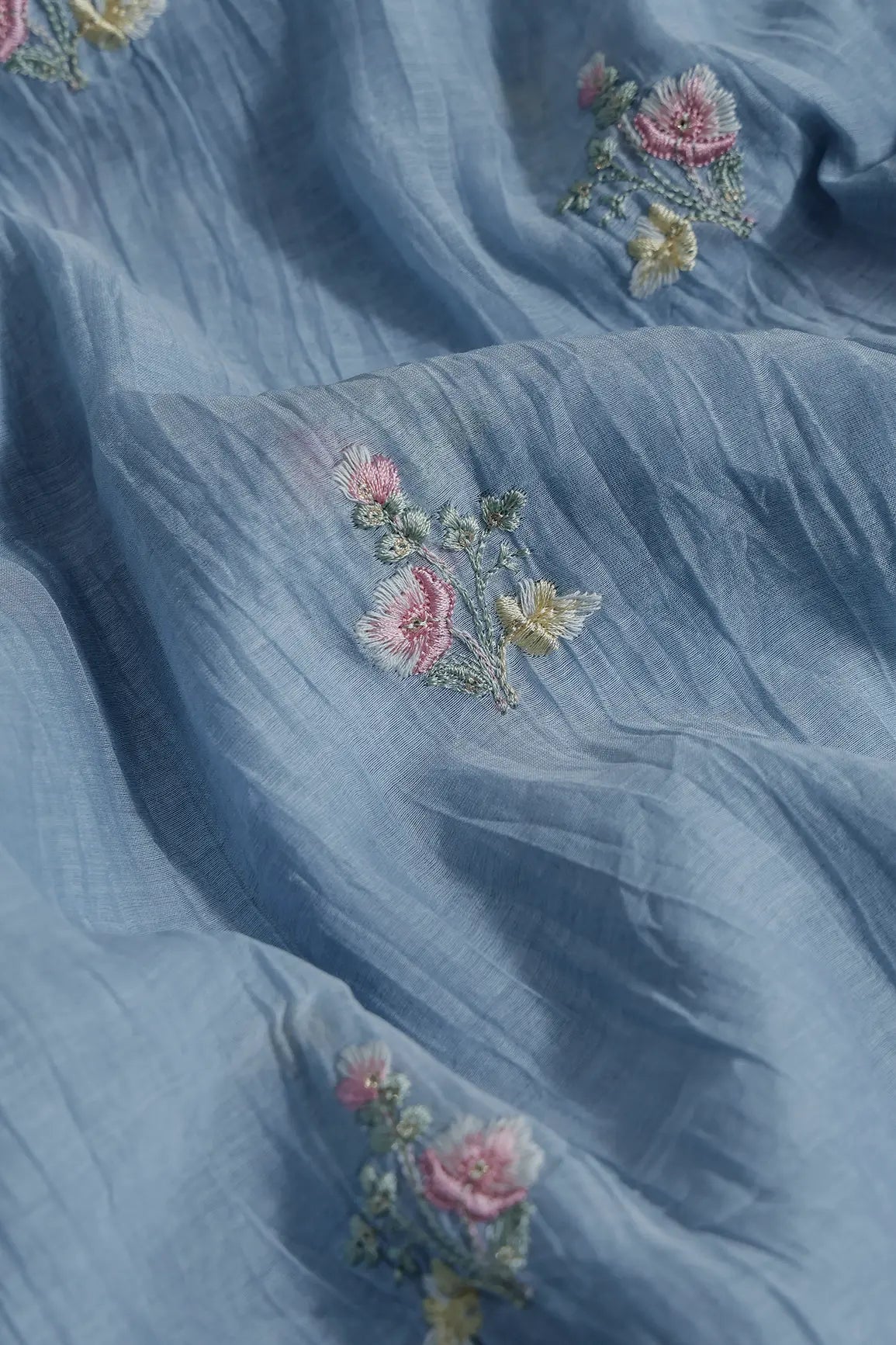 Beautiful Multi Thread With Gold Sequins Floral Embroidery Work On Pastel Blue Pure Mul Chanderi Silk Fabric - doeraa