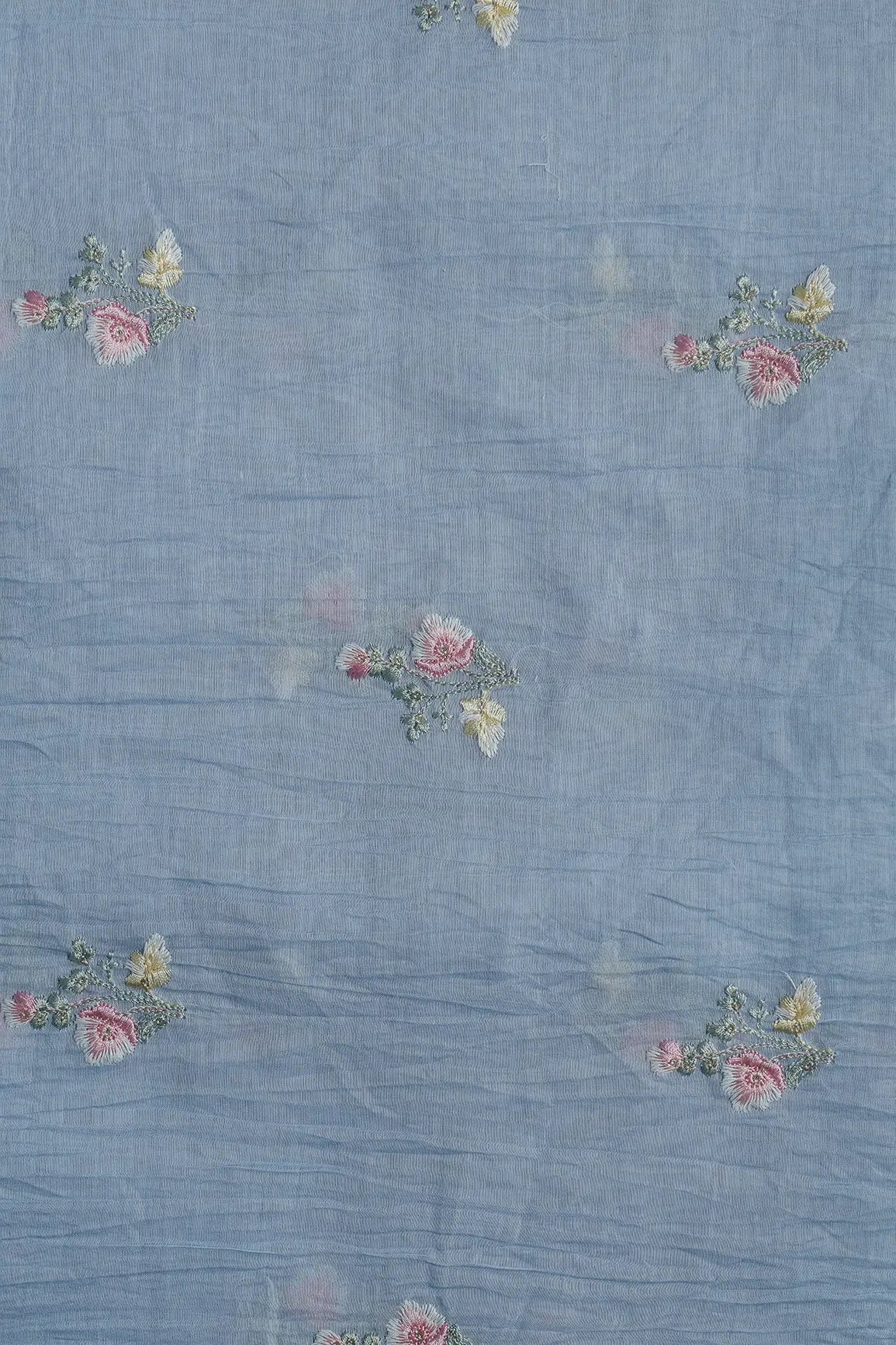 Beautiful Multi Thread With Gold Sequins Floral Embroidery Work On Pastel Blue Pure Mul Chanderi Silk Fabric - doeraa