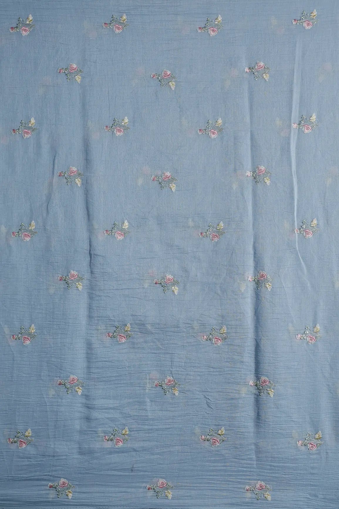 Beautiful Multi Thread With Gold Sequins Floral Embroidery Work On Pastel Blue Pure Mul Chanderi Silk Fabric - doeraa