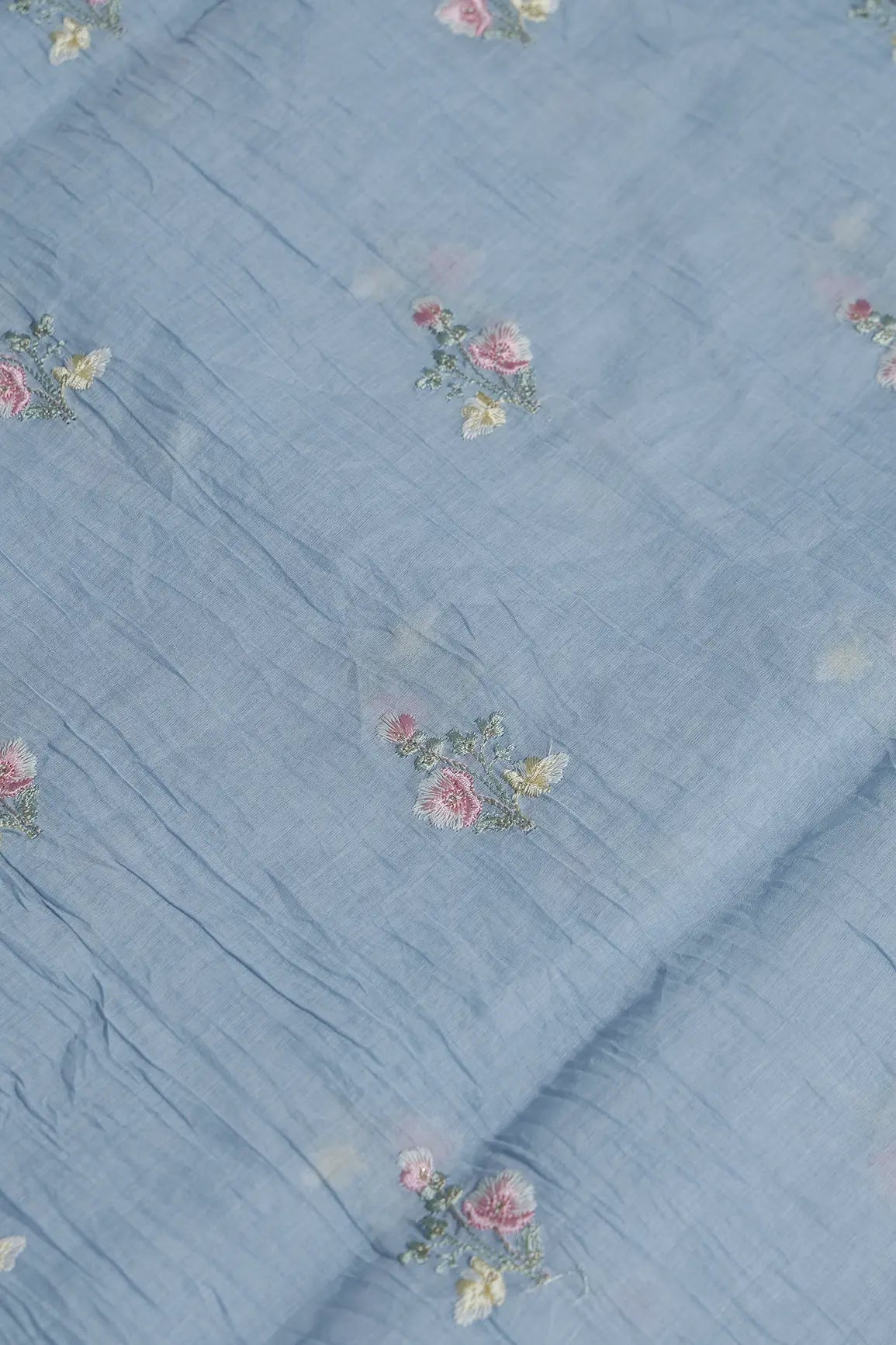 Beautiful Multi Thread With Gold Sequins Floral Embroidery Work On Pastel Blue Pure Mul Chanderi Silk Fabric - doeraa