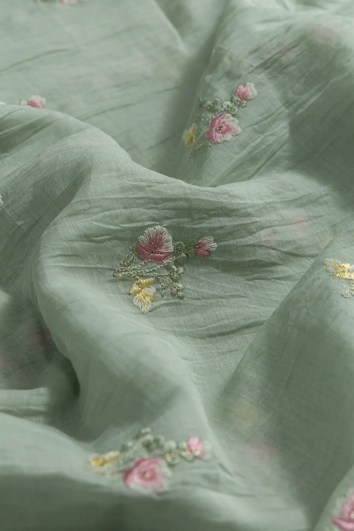 Beautiful Multi Thread With Gold Sequins Floral Embroidery Work On Pastel Olive Green Pure Mul Chanderi Silk Fabric - doeraa