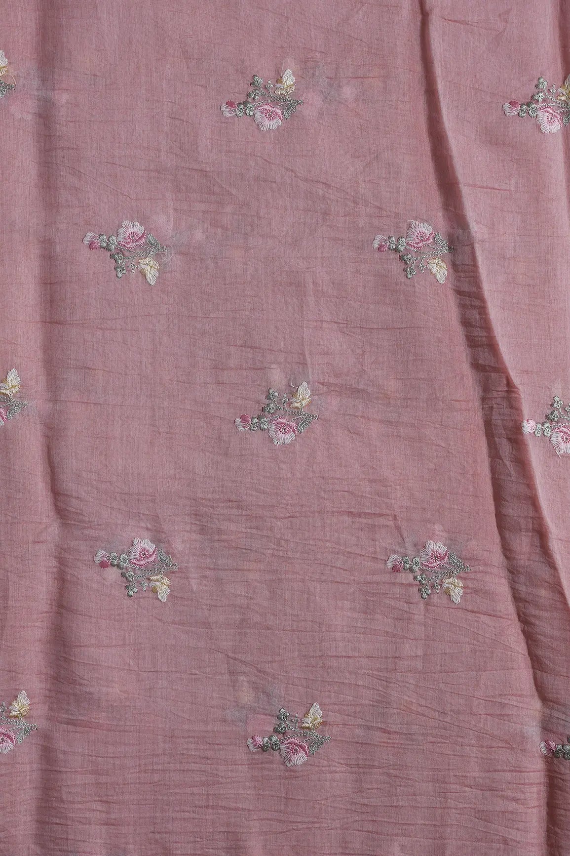 Beautiful Multi Thread With Gold Sequins Floral Embroidery Work On Pastel Pink Pure Mul Chanderi Silk Fabric - doeraa