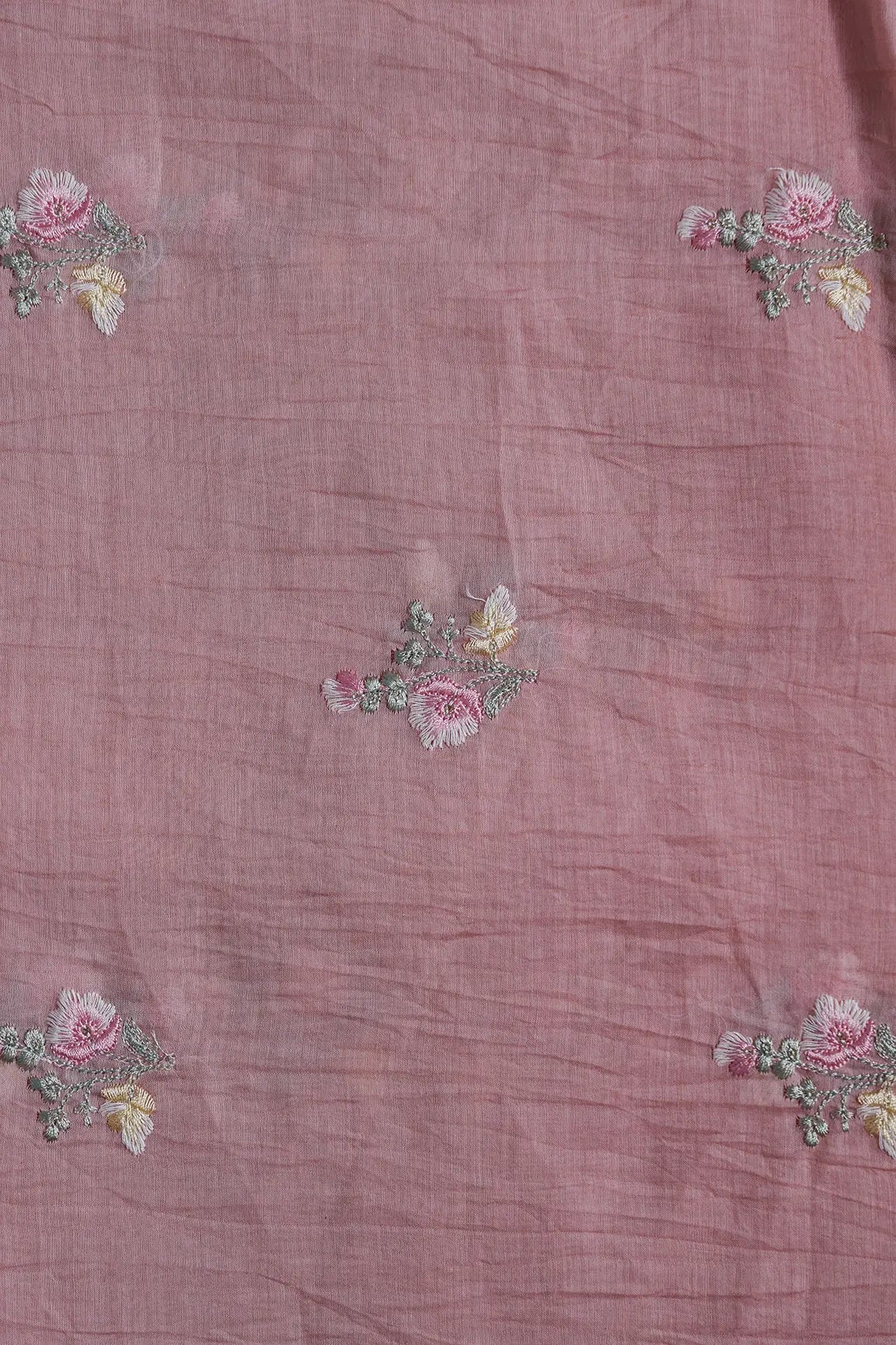 Beautiful Multi Thread With Gold Sequins Floral Embroidery Work On Pastel Pink Pure Mul Chanderi Silk Fabric - doeraa