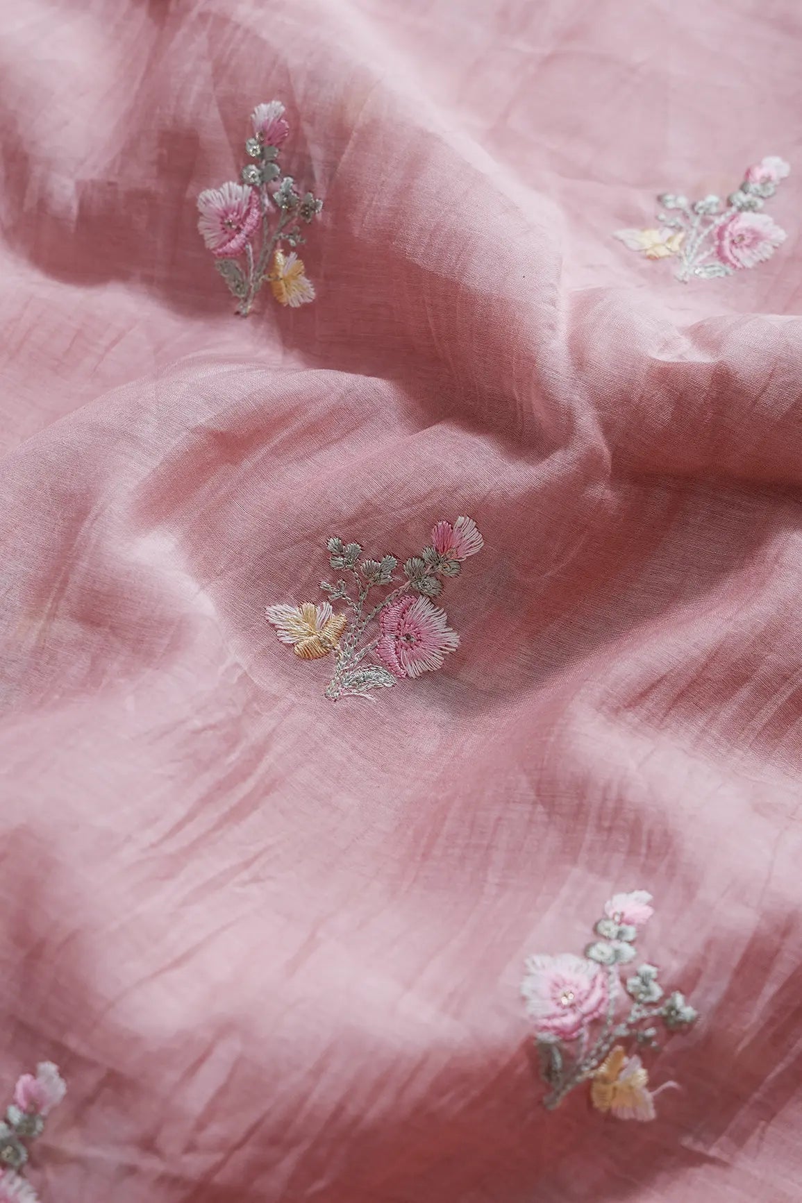 Beautiful Multi Thread With Gold Sequins Floral Embroidery Work On Pastel Pink Pure Mul Chanderi Silk Fabric - doeraa