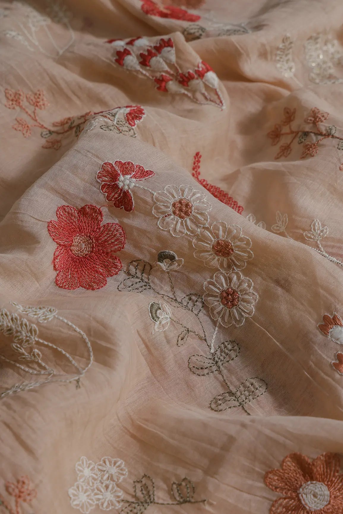 Beautiful Multi Thread With Gold Sequins Floral Embroidery Work On Peach Pure Mul Chanderi Silk Fabric - doeraa