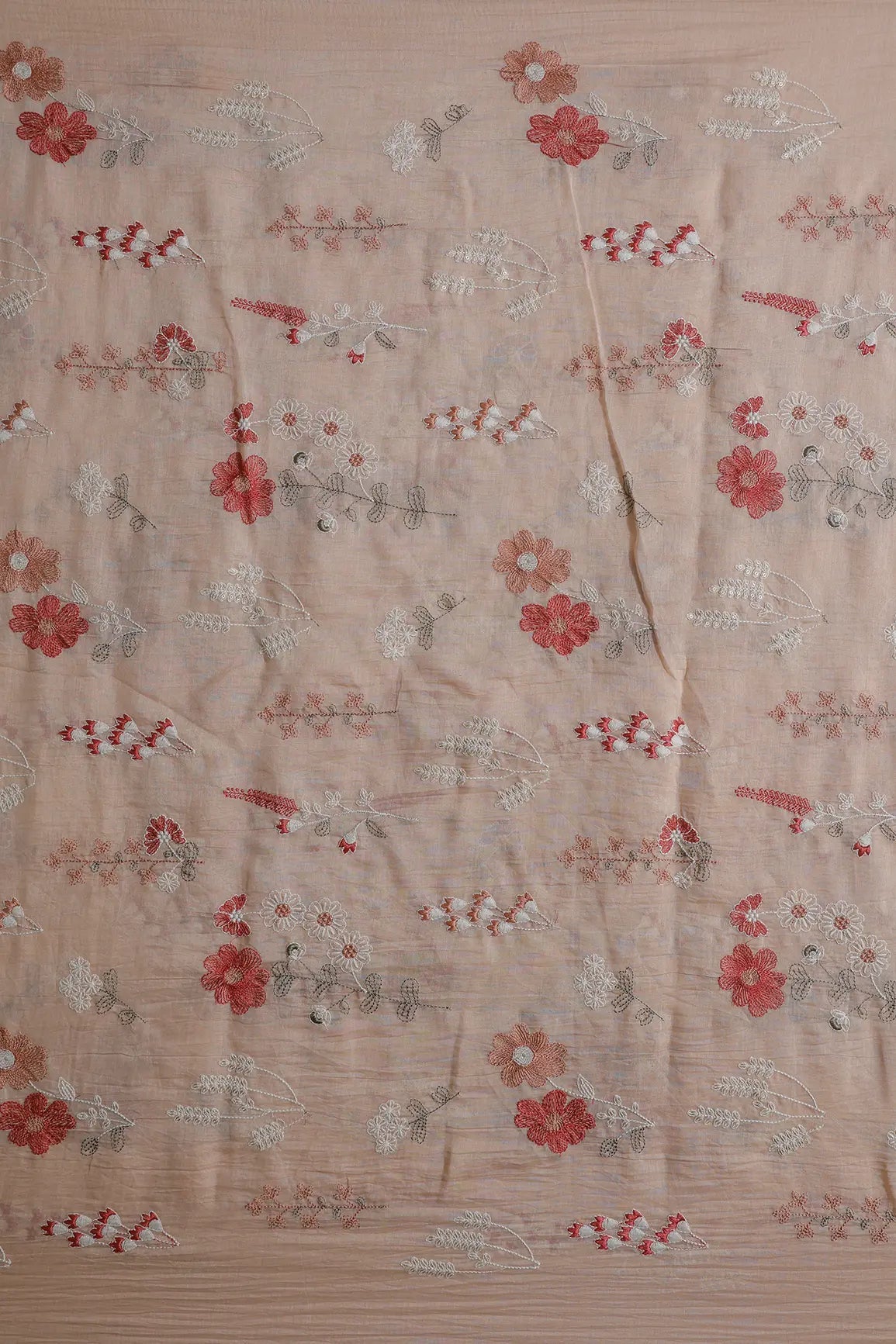 Beautiful Multi Thread With Gold Sequins Floral Embroidery Work On Peach Pure Mul Chanderi Silk Fabric - doeraa
