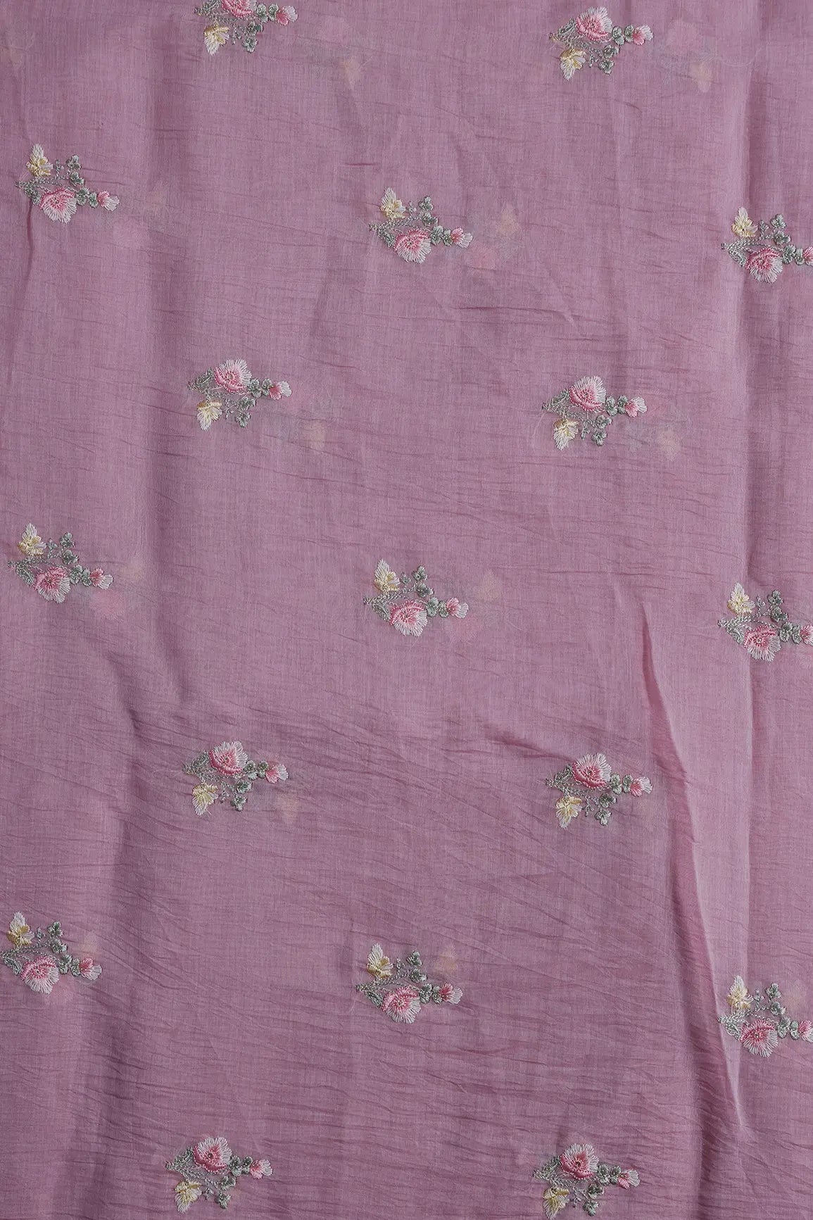 Beautiful Multi Thread With Gold Sequins Floral Embroidery Work On Pink Pure Mul Chanderi Silk Fabric - doeraa