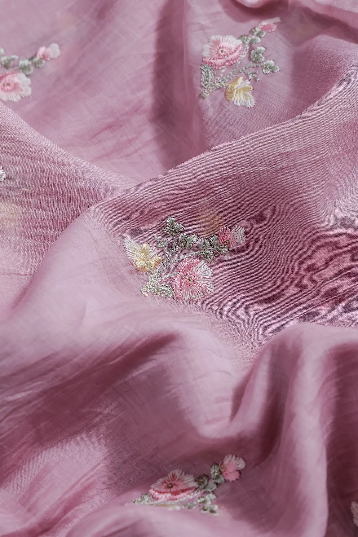 Beautiful Multi Thread With Gold Sequins Floral Embroidery Work On Pink Pure Mul Chanderi Silk Fabric - doeraa