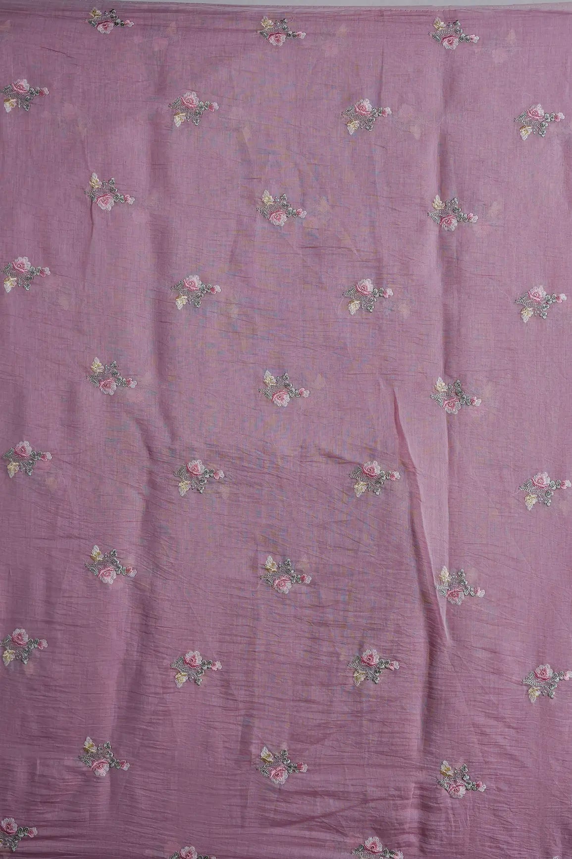 Beautiful Multi Thread With Gold Sequins Floral Embroidery Work On Pink Pure Mul Chanderi Silk Fabric - doeraa