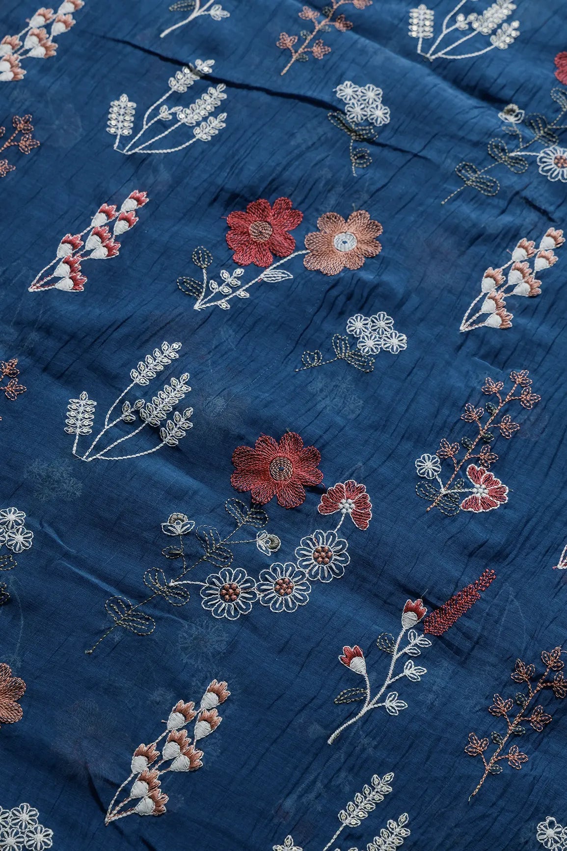 Beautiful Multi Thread With Gold Sequins Floral Embroidery Work On Prussian Blue Pure Mul Chanderi Silk Fabric - doeraa