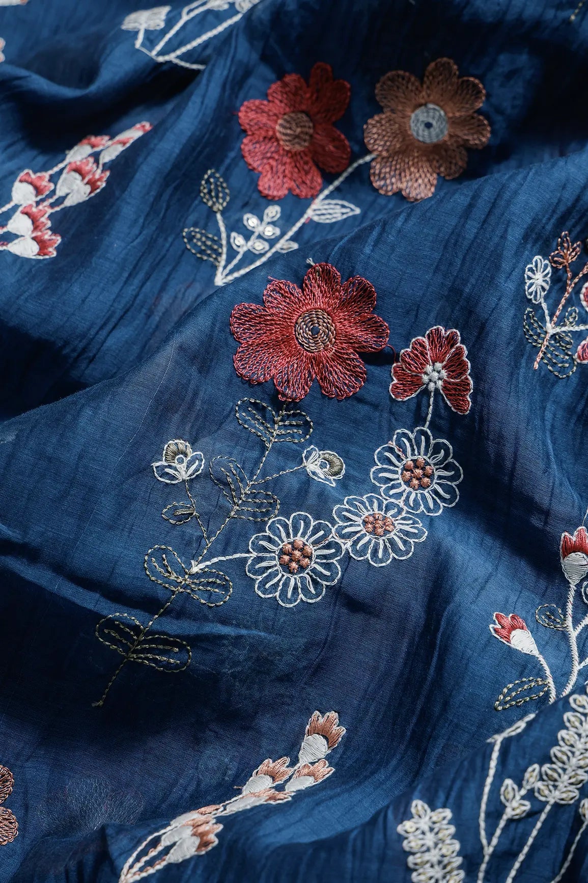 Beautiful Multi Thread With Gold Sequins Floral Embroidery Work On Prussian Blue Pure Mul Chanderi Silk Fabric - doeraa