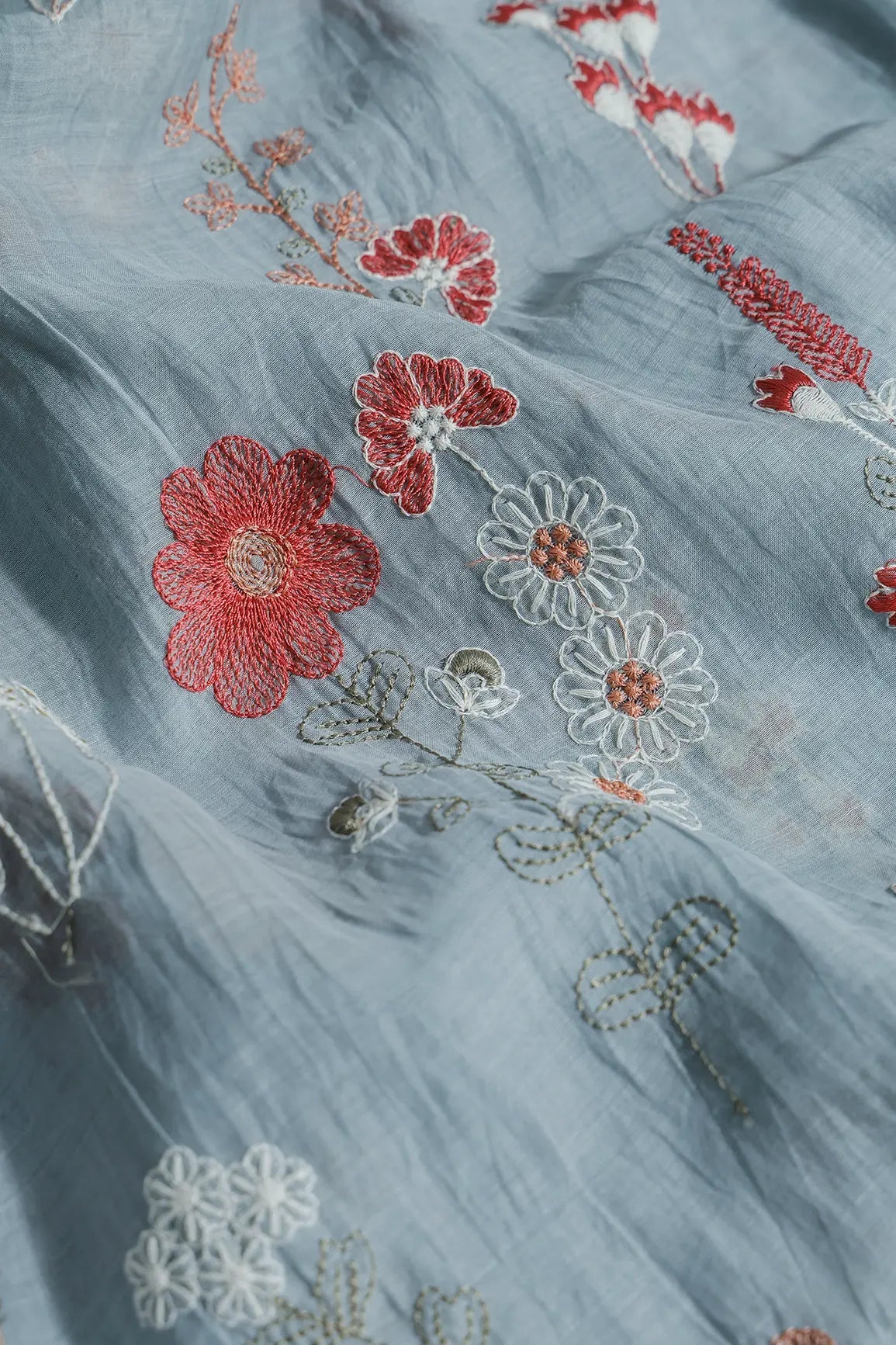 Beautiful Multi Thread With Gold Sequins Floral Embroidery Work On Tempered Grey Pure Mul Chanderi Silk Fabric - doeraa