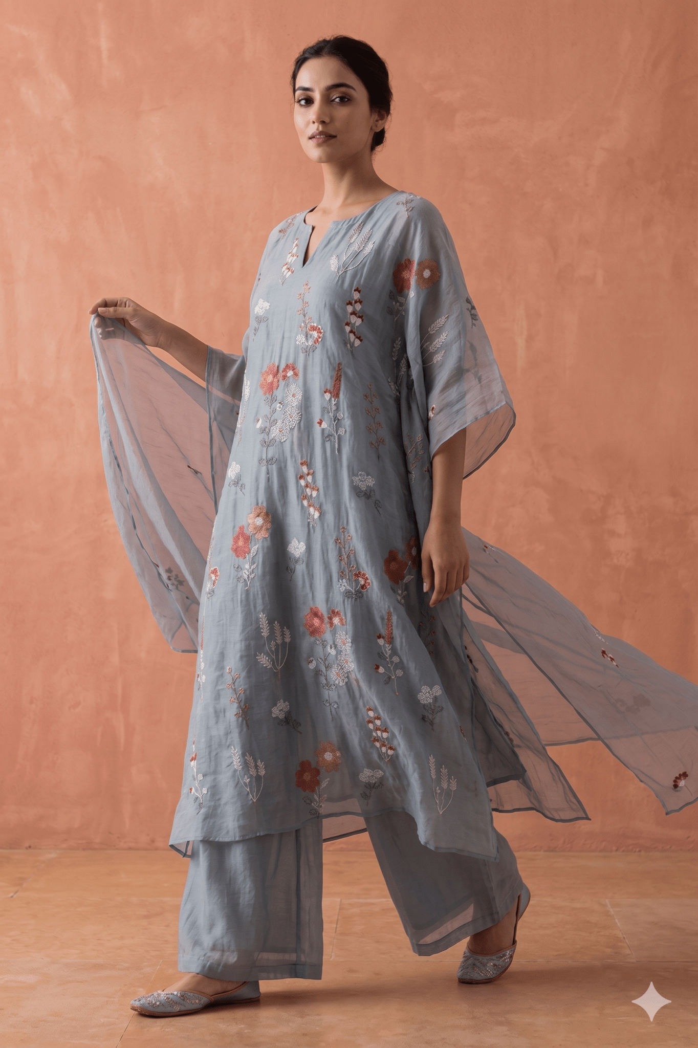 Beautiful Multi Thread With Gold Sequins Floral Embroidery Work On Tempered Grey Pure Mul Chanderi Silk Fabric - doeraa