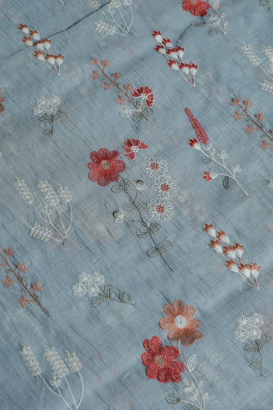 Beautiful Multi Thread With Gold Sequins Floral Embroidery Work On Tempered Grey Pure Mul Chanderi Silk Fabric - doeraa