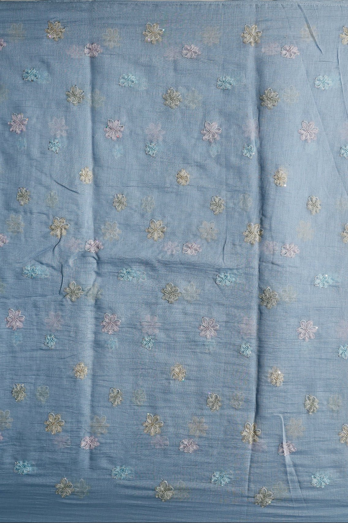 Beautiful Multi Thread With Multi Sequins Floral Embroidery Work On Pastel Blue Pure Mul Chanderi Silk Fabric - doeraa
