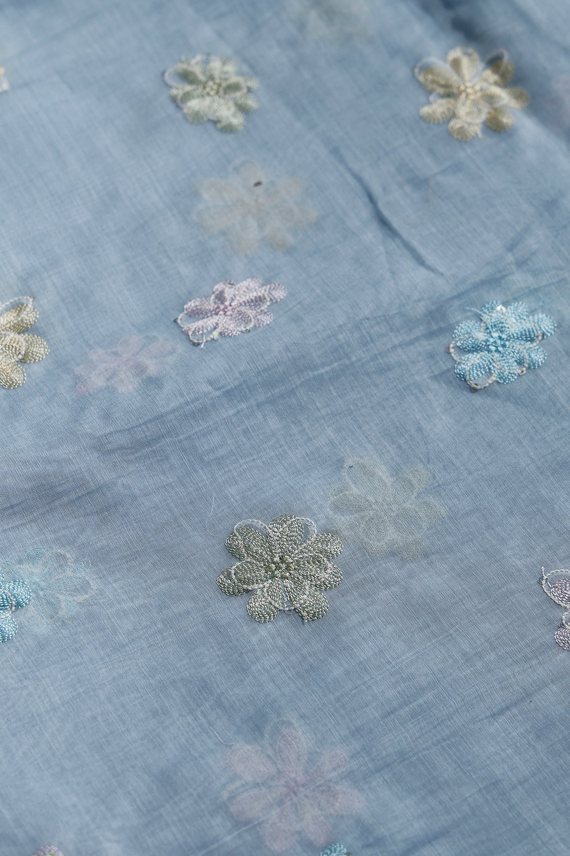 Beautiful Multi Thread With Multi Sequins Floral Embroidery Work On Pastel Blue Pure Mul Chanderi Silk Fabric - doeraa