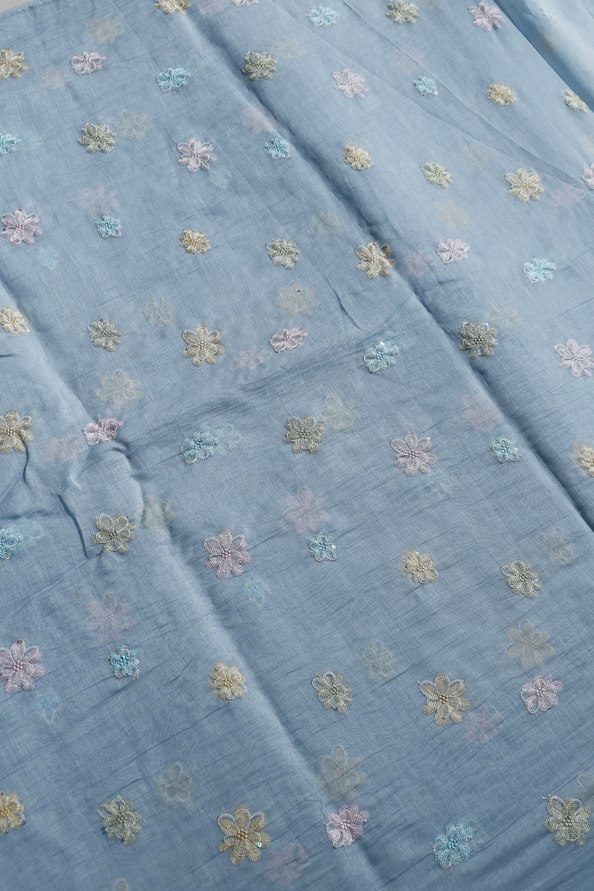Beautiful Multi Thread With Multi Sequins Floral Embroidery Work On Pastel Blue Pure Mul Chanderi Silk Fabric - doeraa