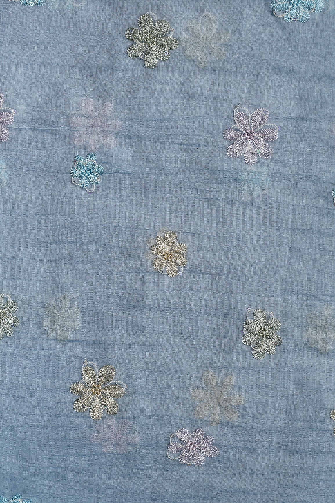 Beautiful Multi Thread With Multi Sequins Floral Embroidery Work On Pastel Blue Pure Mul Chanderi Silk Fabric - doeraa