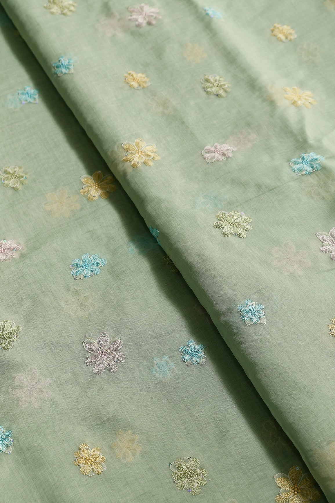 Beautiful Multi Thread With Multi Sequins Floral Embroidery Work On Pastel Olive Green Pure Mul Chanderi Silk Fabric - doeraa