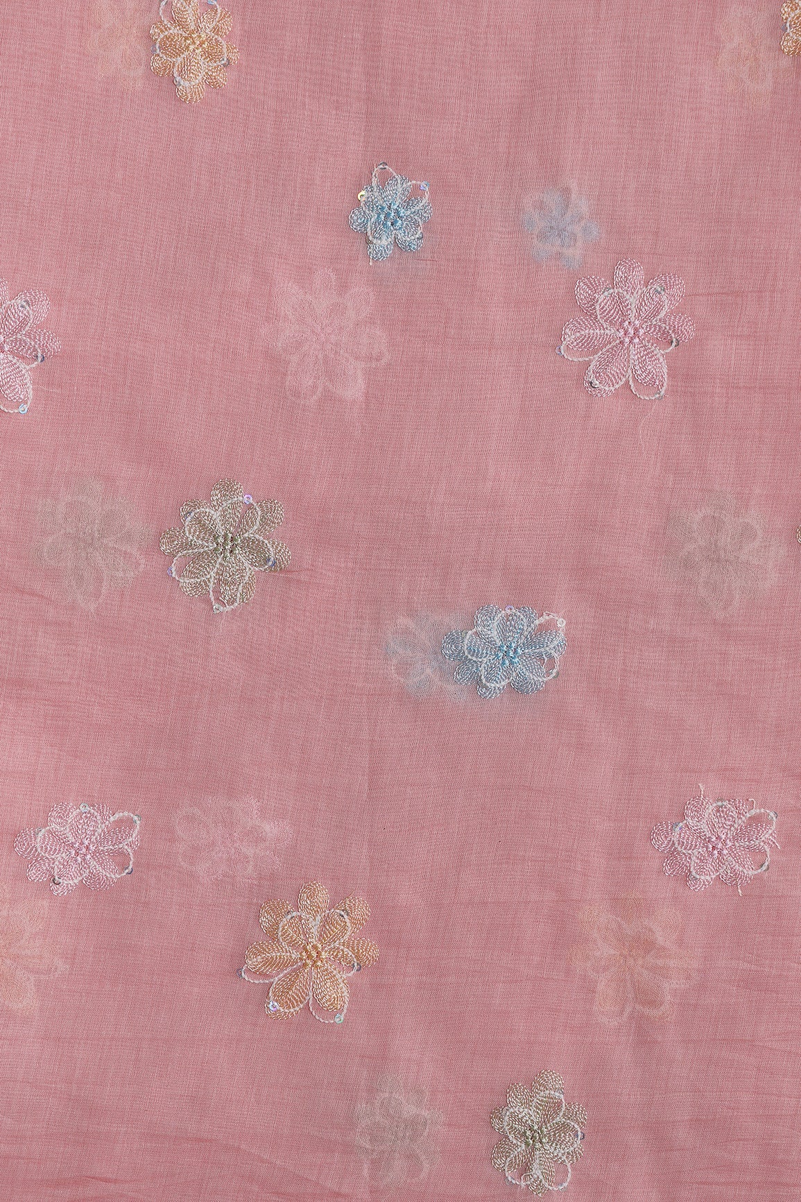 Beautiful Multi Thread With Multi Sequins Floral Embroidery Work On Pastel Pink Pure Mul Chanderi Silk Fabric - doeraa