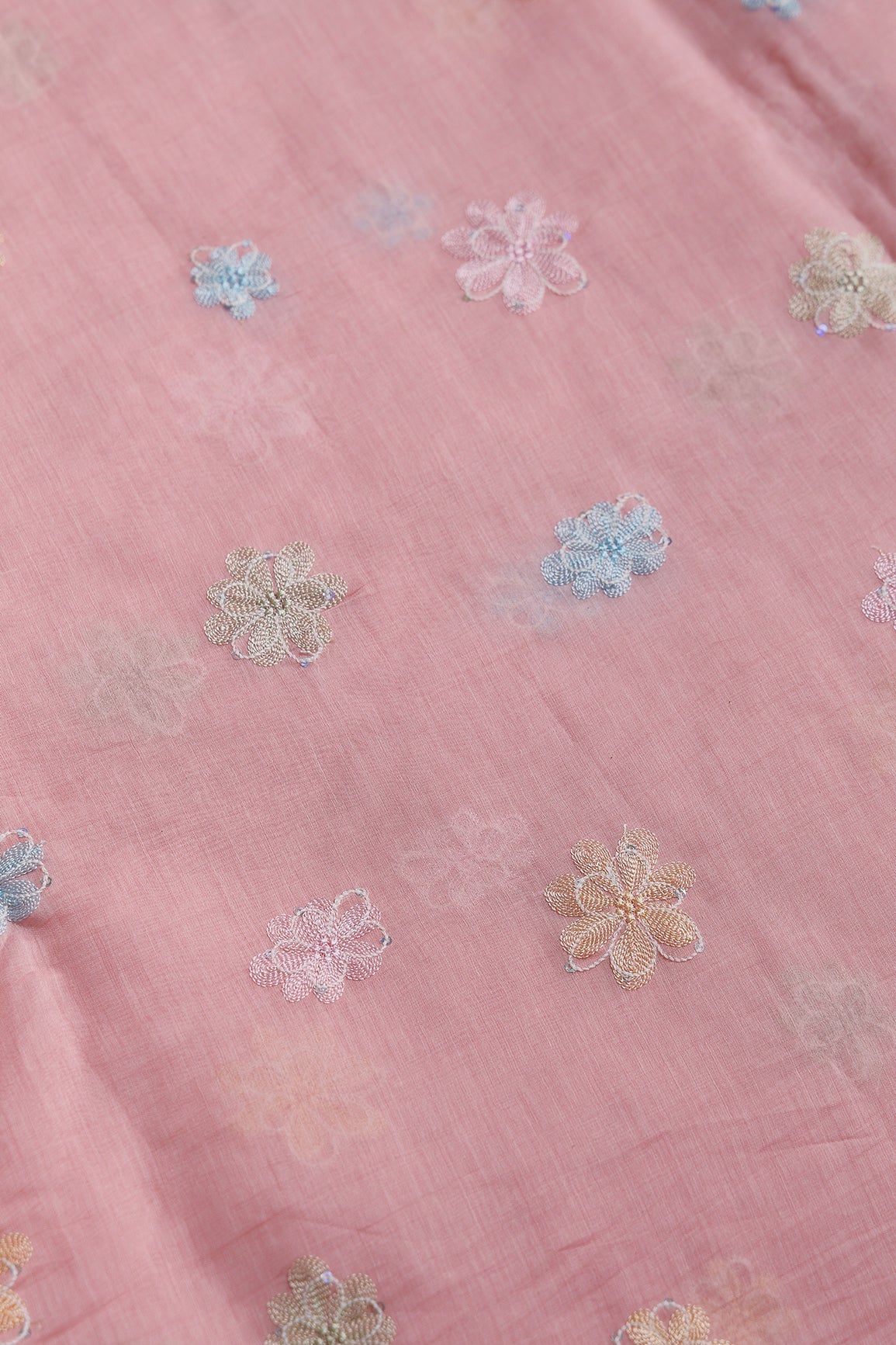 Beautiful Multi Thread With Multi Sequins Floral Embroidery Work On Pastel Pink Pure Mul Chanderi Silk Fabric - doeraa