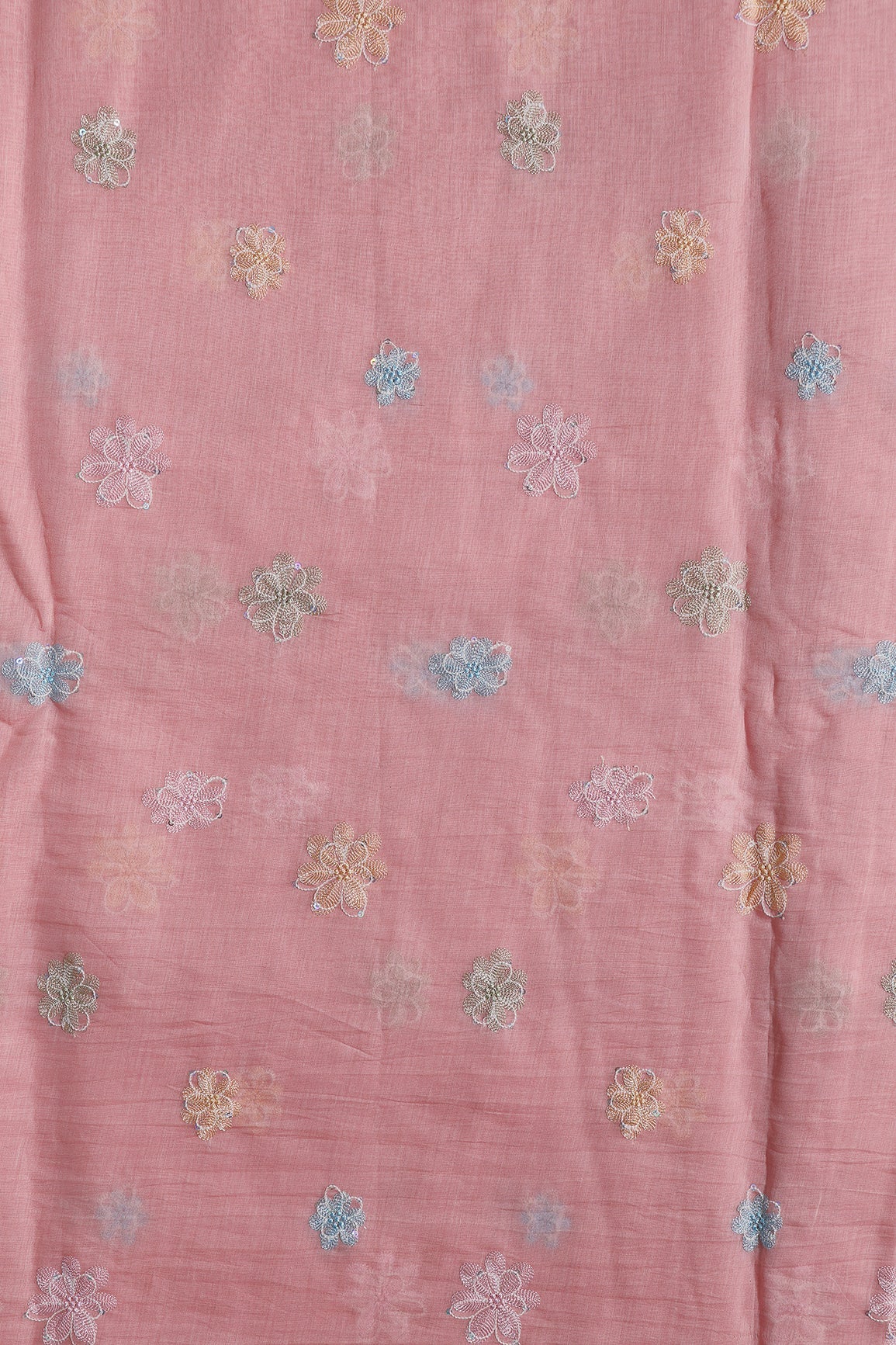 Beautiful Multi Thread With Multi Sequins Floral Embroidery Work On Pastel Pink Pure Mul Chanderi Silk Fabric - doeraa