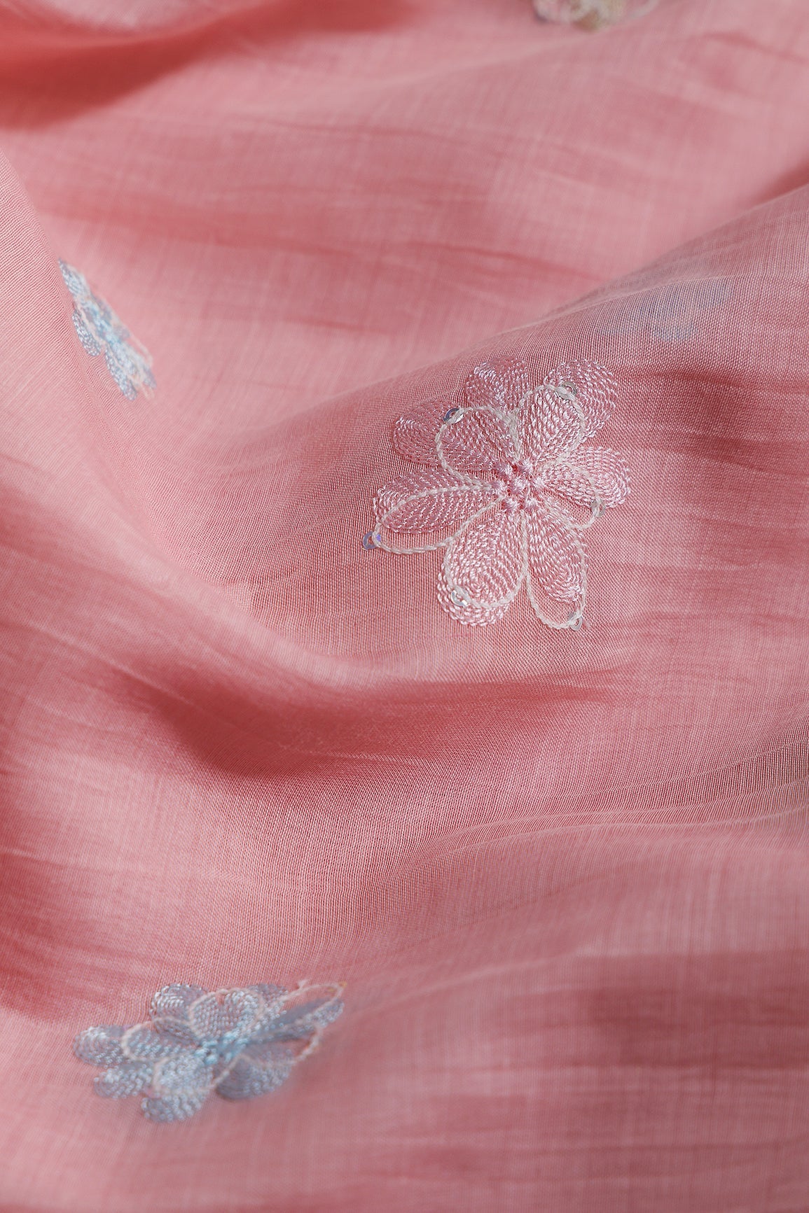 Beautiful Multi Thread With Multi Sequins Floral Embroidery Work On Pastel Pink Pure Mul Chanderi Silk Fabric - doeraa