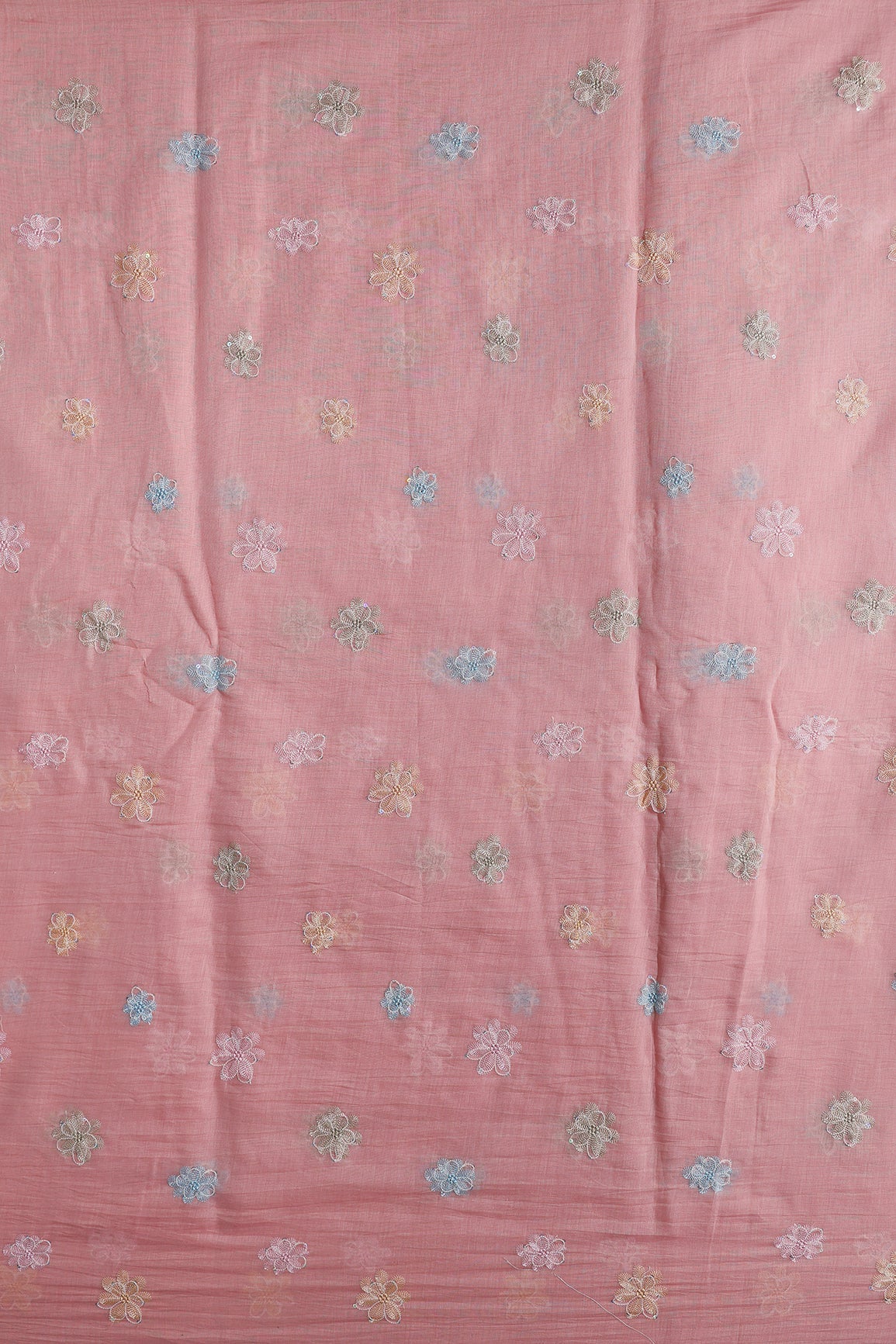 Beautiful Multi Thread With Multi Sequins Floral Embroidery Work On Pastel Pink Pure Mul Chanderi Silk Fabric - doeraa