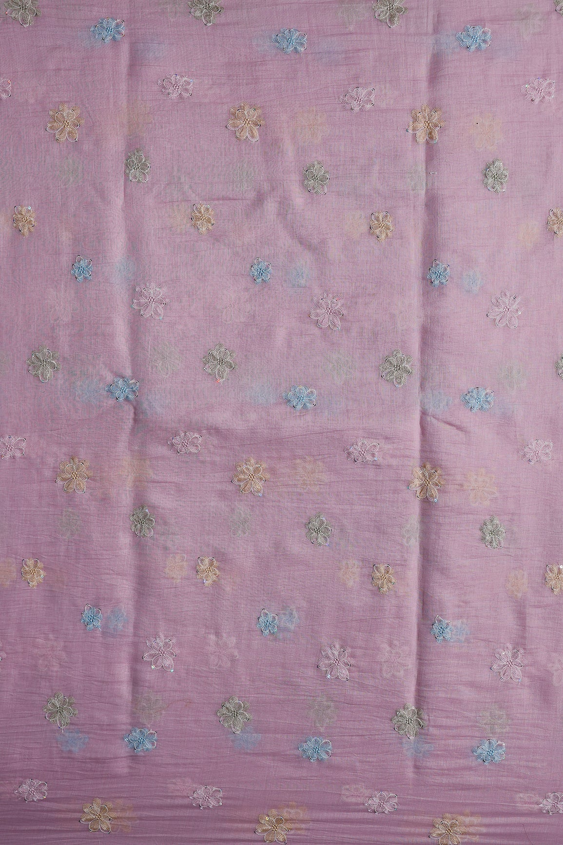 Beautiful Multi Thread With Multi Sequins Floral Embroidery Work On Pink Pure Mul Chanderi Silk Fabric - doeraa