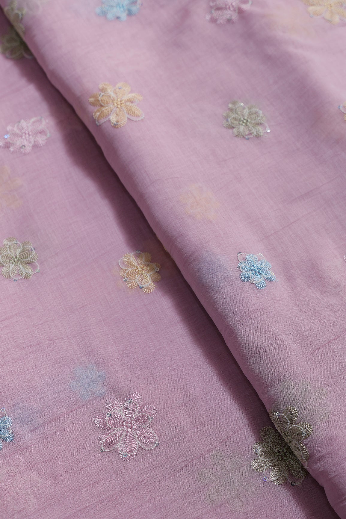 Beautiful Multi Thread With Multi Sequins Floral Embroidery Work On Pink Pure Mul Chanderi Silk Fabric - doeraa