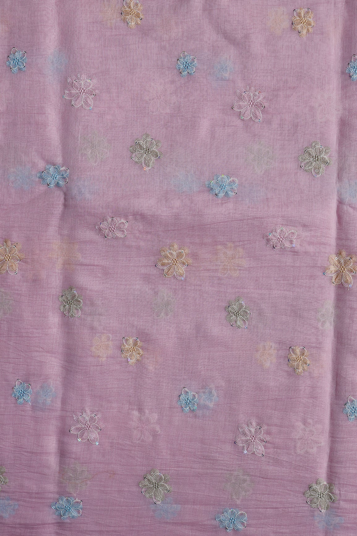 Beautiful Multi Thread With Multi Sequins Floral Embroidery Work On Pink Pure Mul Chanderi Silk Fabric - doeraa