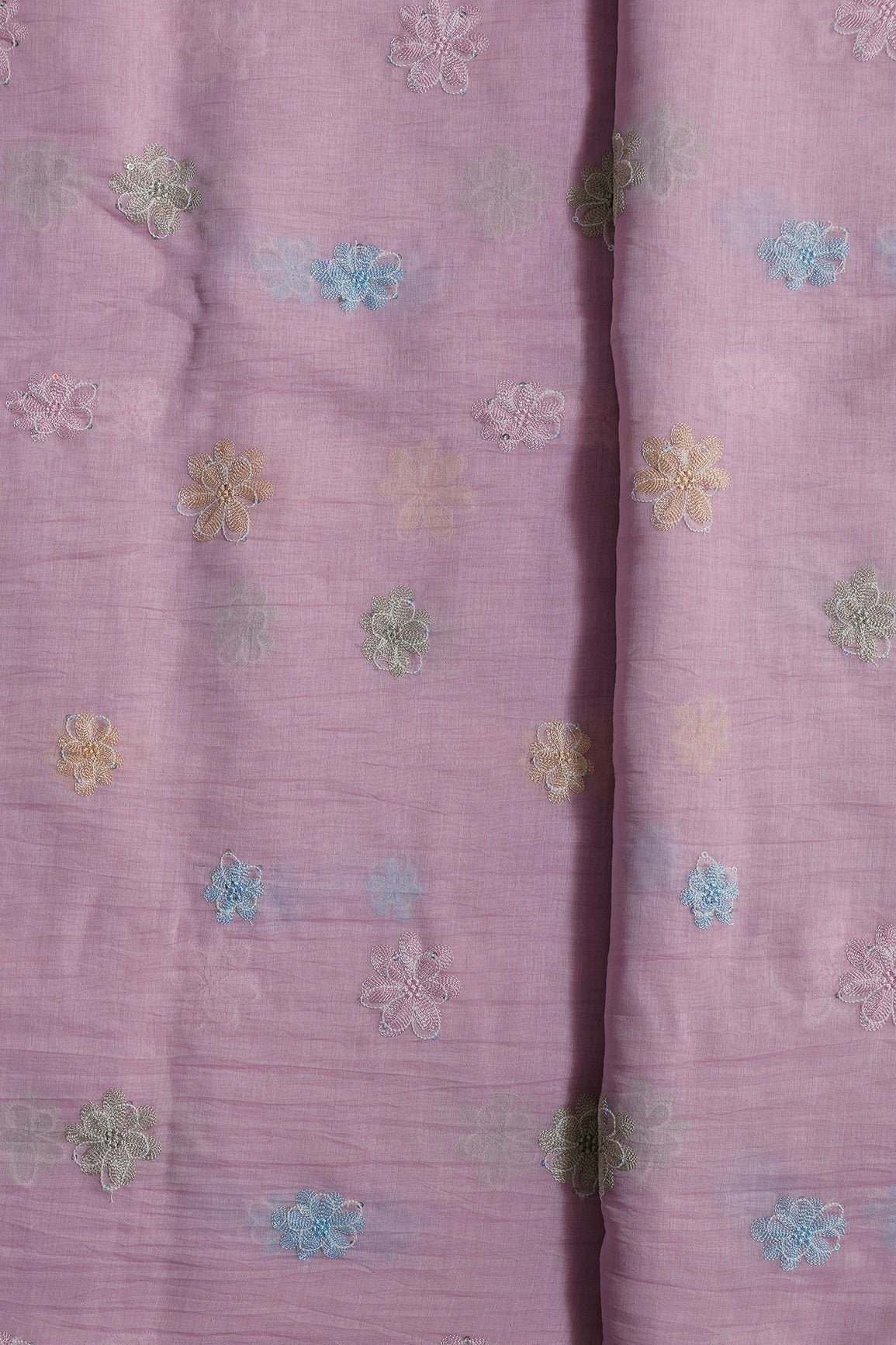 Beautiful Multi Thread With Multi Sequins Floral Embroidery Work On Pink Pure Mul Chanderi Silk Fabric - doeraa