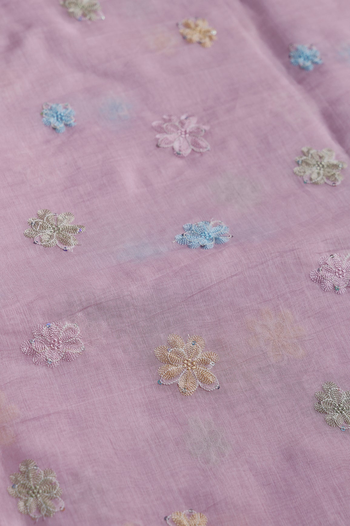 Beautiful Multi Thread With Multi Sequins Floral Embroidery Work On Pink Pure Mul Chanderi Silk Fabric - doeraa