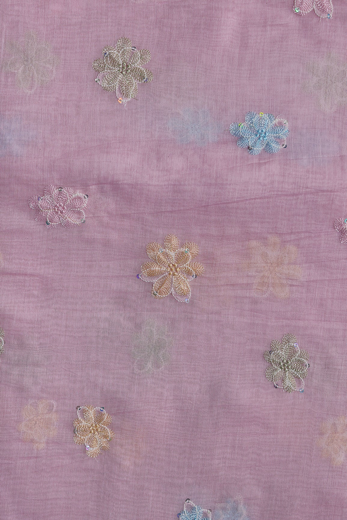 Beautiful Multi Thread With Multi Sequins Floral Embroidery Work On Pink Pure Mul Chanderi Silk Fabric - doeraa