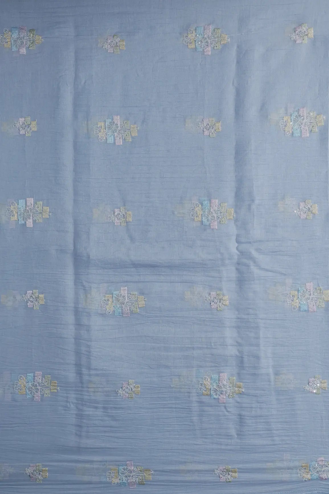 Beautiful Multi Thread With Sequins Floral Embroidery Work On Pastel Blue Pure Mul Chanderi Silk Fabric - doeraa