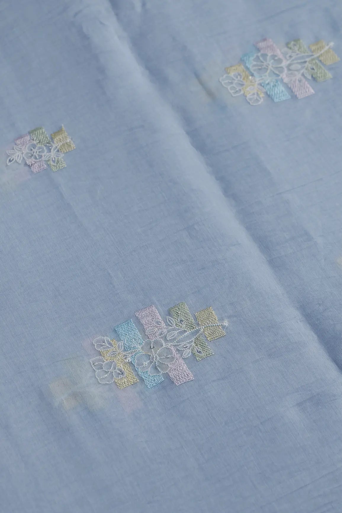 Beautiful Multi Thread With Sequins Floral Embroidery Work On Pastel Blue Pure Mul Chanderi Silk Fabric - doeraa