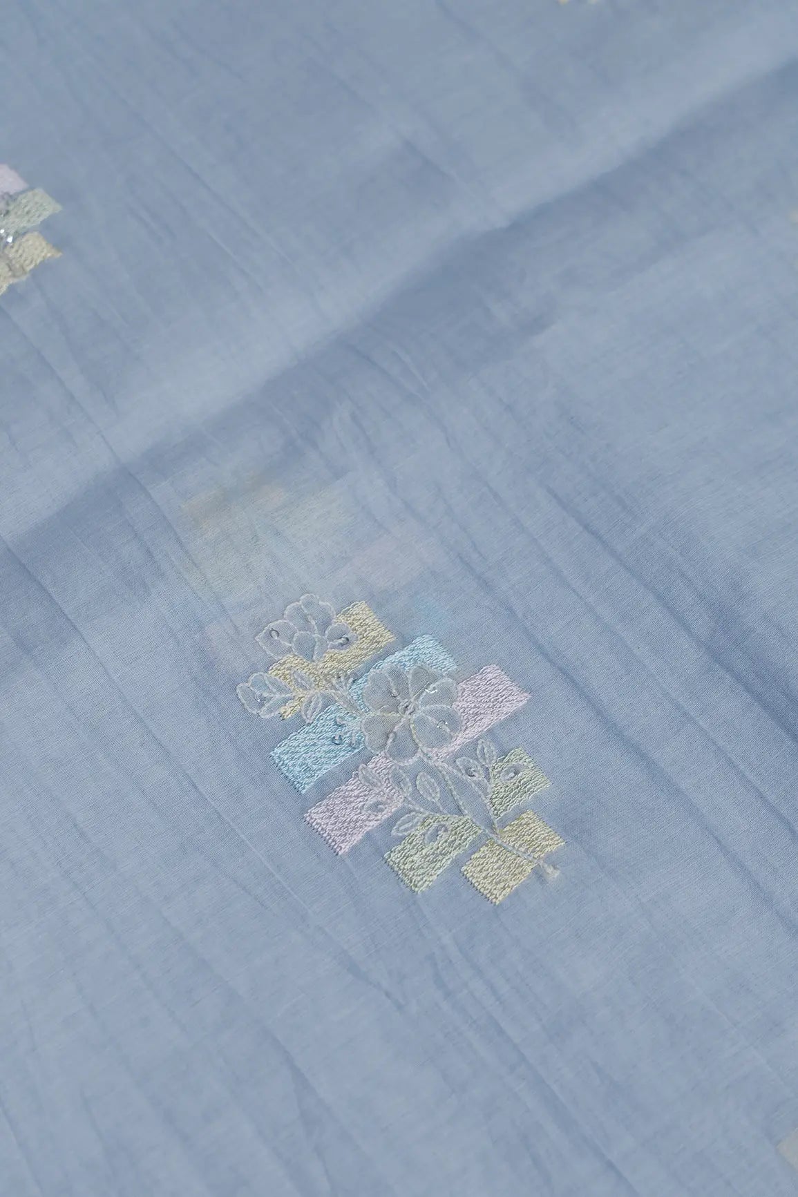 Beautiful Multi Thread With Sequins Floral Embroidery Work On Pastel Blue Pure Mul Chanderi Silk Fabric - doeraa