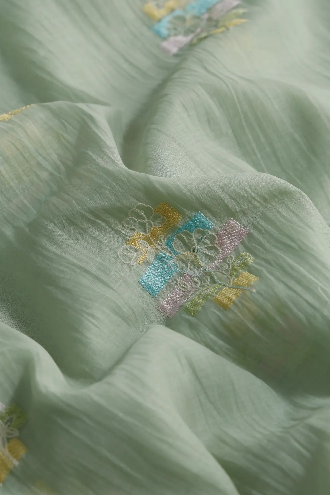 Beautiful Multi Thread With Sequins Floral Embroidery Work On Pastel Olive Green Pure Mul Chanderi Silk Fabric - doeraa