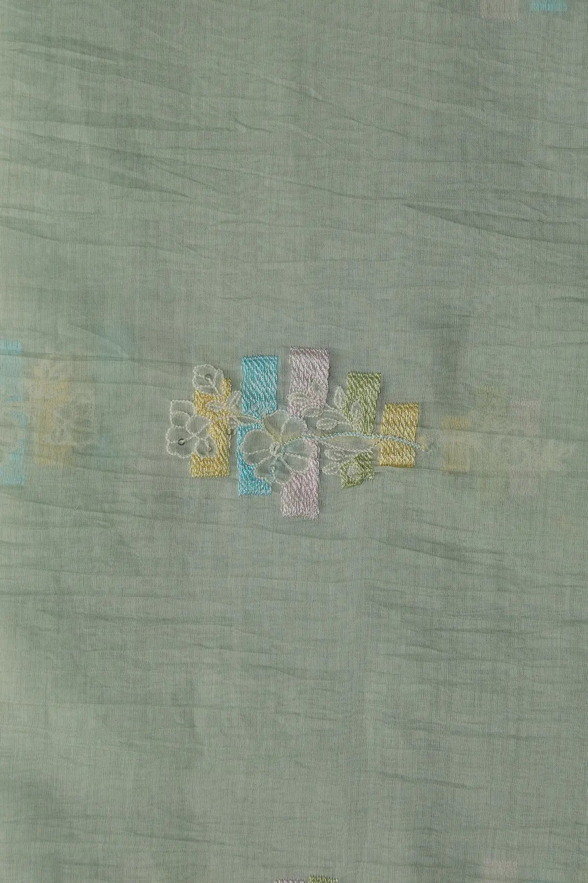 Beautiful Multi Thread With Sequins Floral Embroidery Work On Pastel Olive Green Pure Mul Chanderi Silk Fabric - doeraa