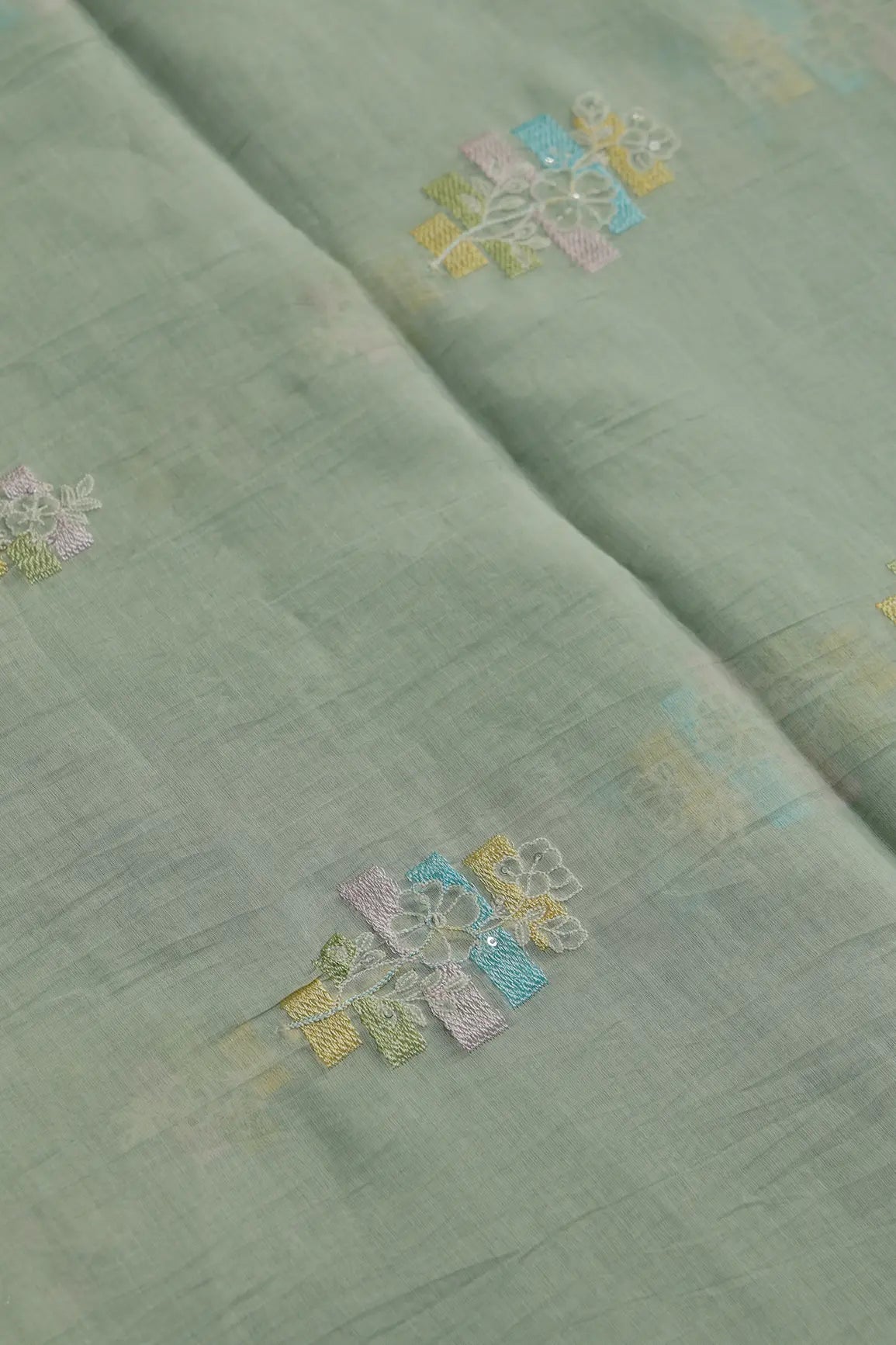Beautiful Multi Thread With Sequins Floral Embroidery Work On Pastel Olive Green Pure Mul Chanderi Silk Fabric - doeraa