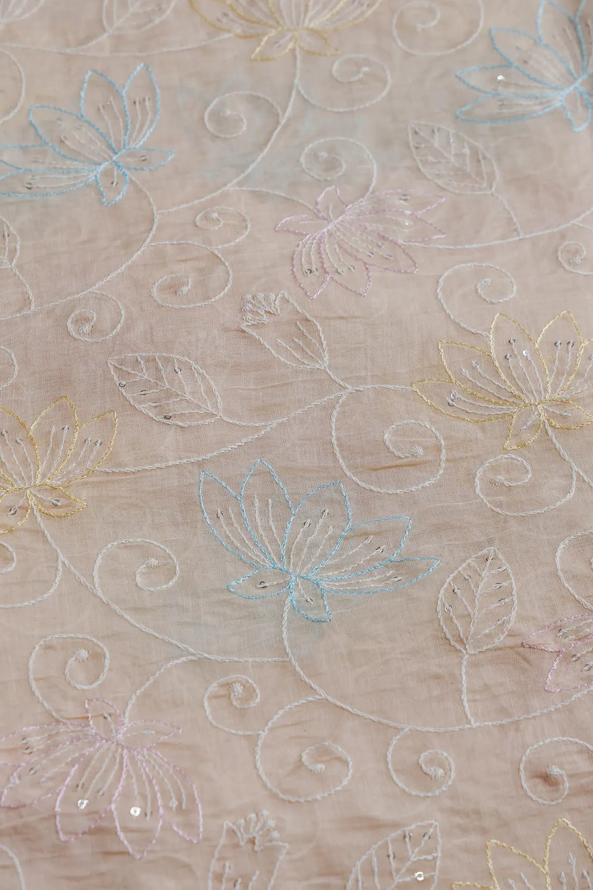 Beautiful Multi Thread With Sequins Floral Leafy Embroidery Work On Light Peach Pure Mul Chanderi Silk Fabric - doeraa